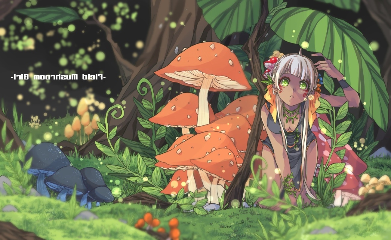 kids, cute little girl anime cartoon with flower mushroom trees clouds  vector illustration Stock Vector Image & Art - Alamy