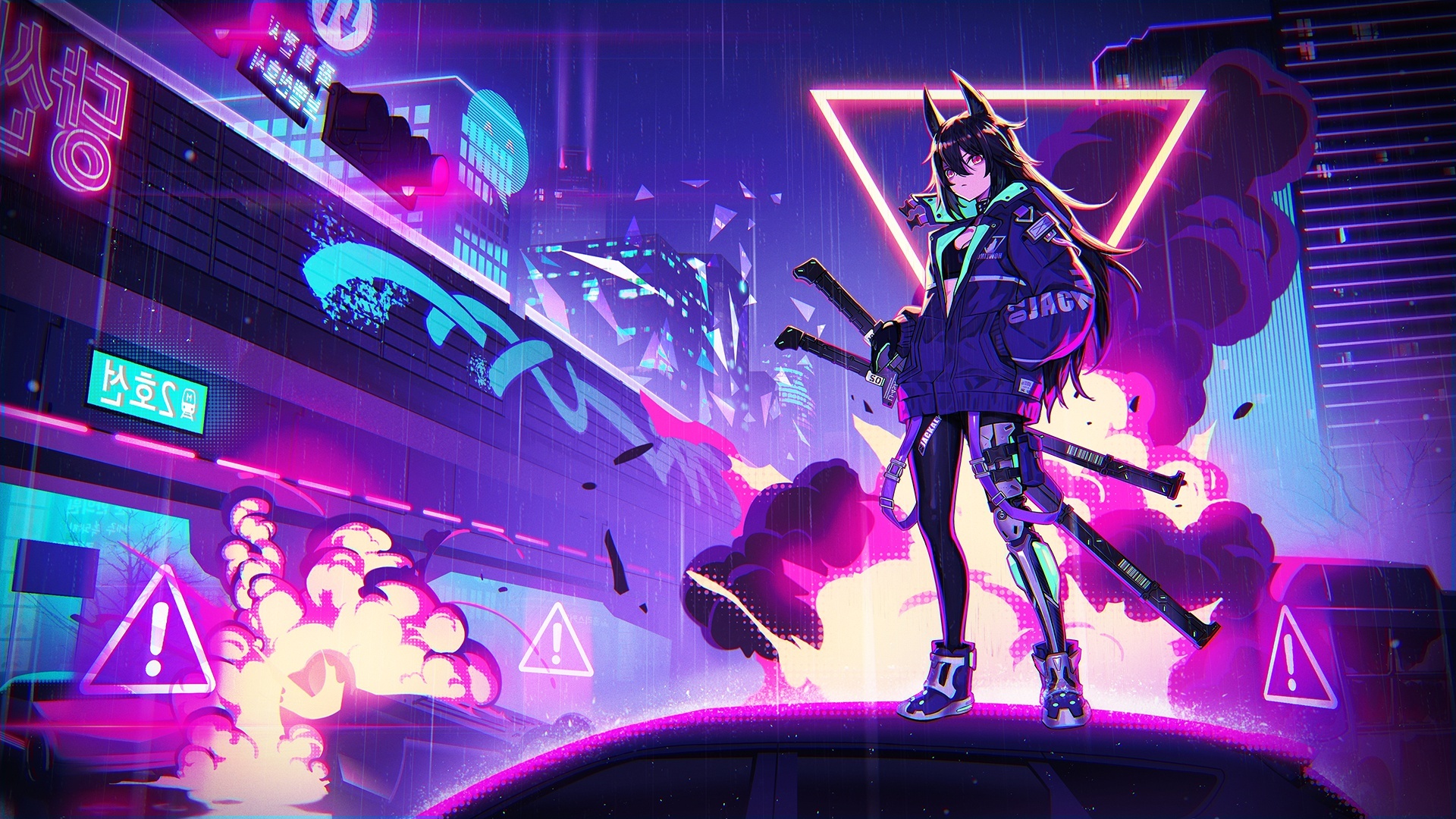 Wallpaper Cyberpunk, Anime Girl, Neo Seoul, Swords, Neon