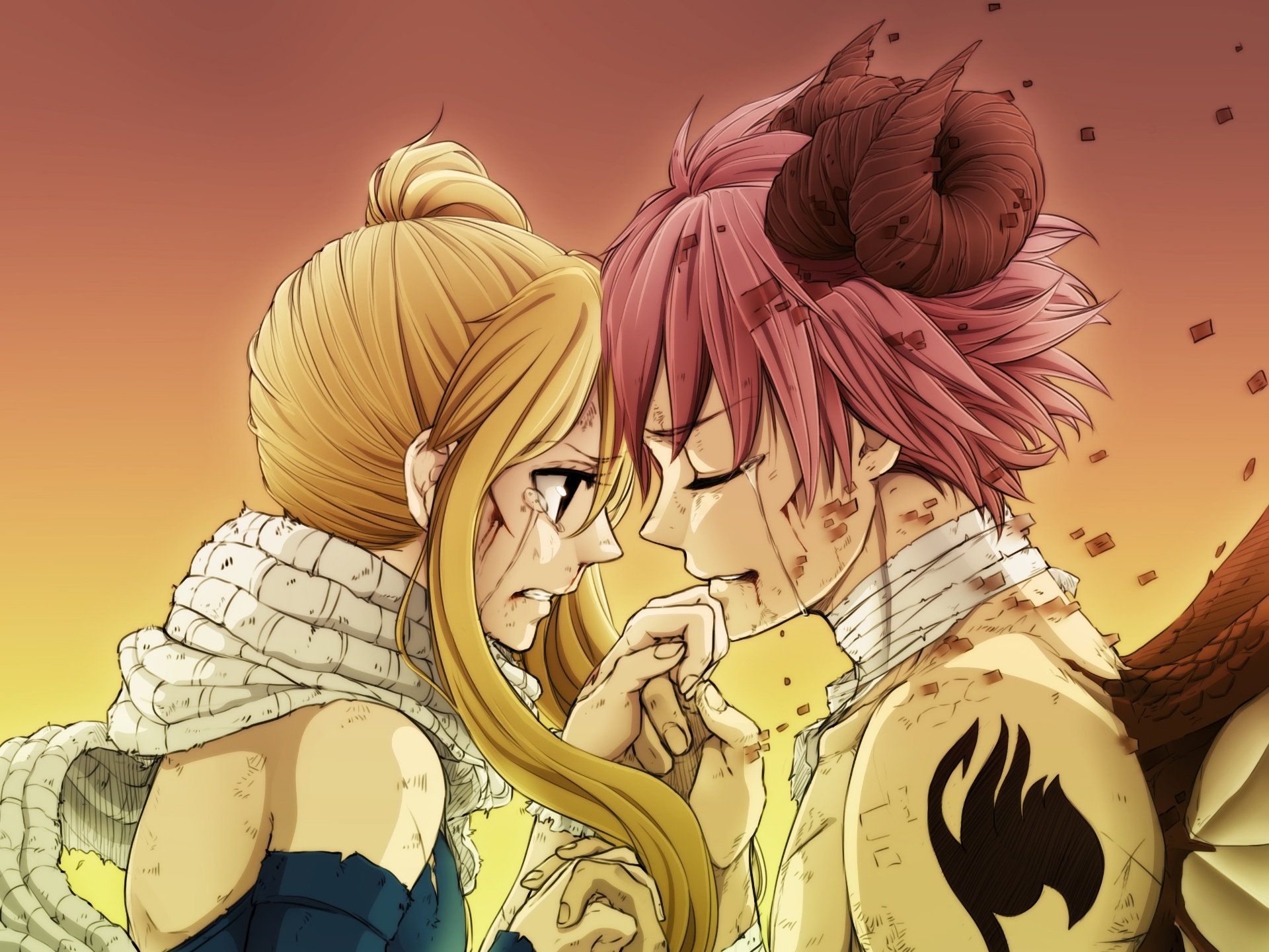 Natsu X Lucy, Tears, Scarf, After Fight, Fairy Tail.