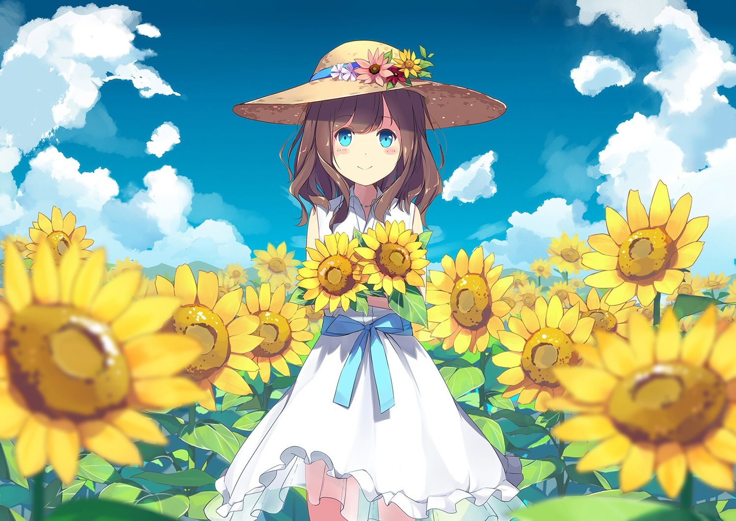 Strawhat, Sunflowers, Land, Summer, Field, Light Dress, Anime Girl.