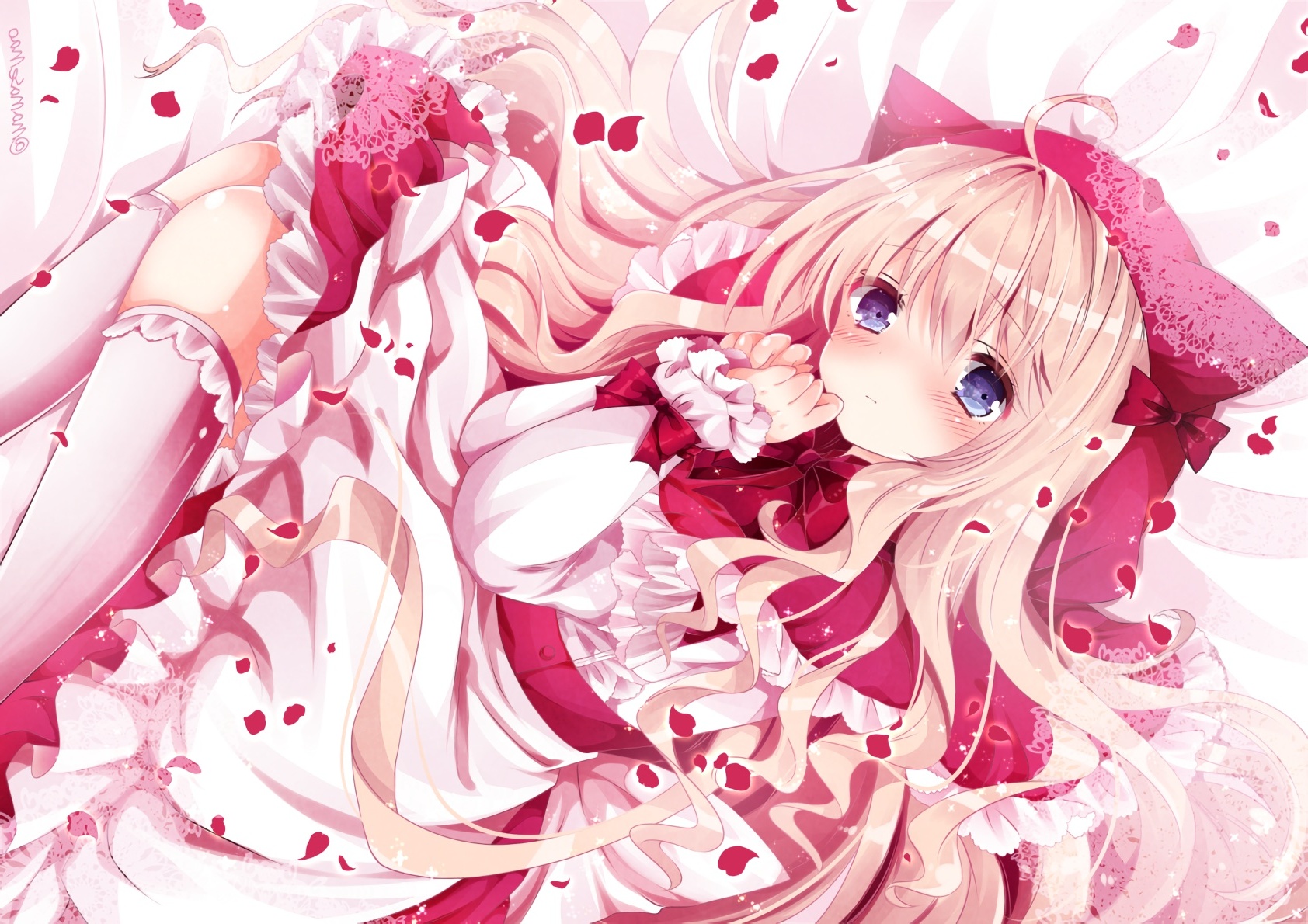 Wallpaper Anime Girl Shy Expression Lying Down Pink Hair Dress Resolution 1684x1190 Wallpx