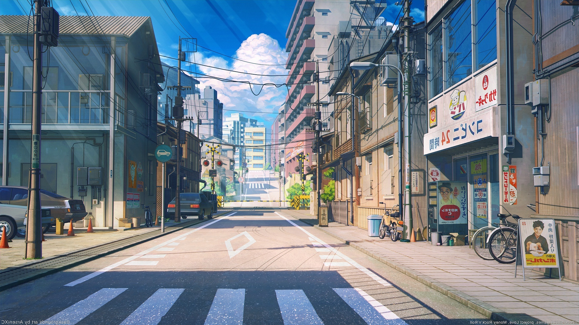 Wallpaper Cars, Anime Street, Clouds, Buildings, Scenic, Road, Bicycle ...