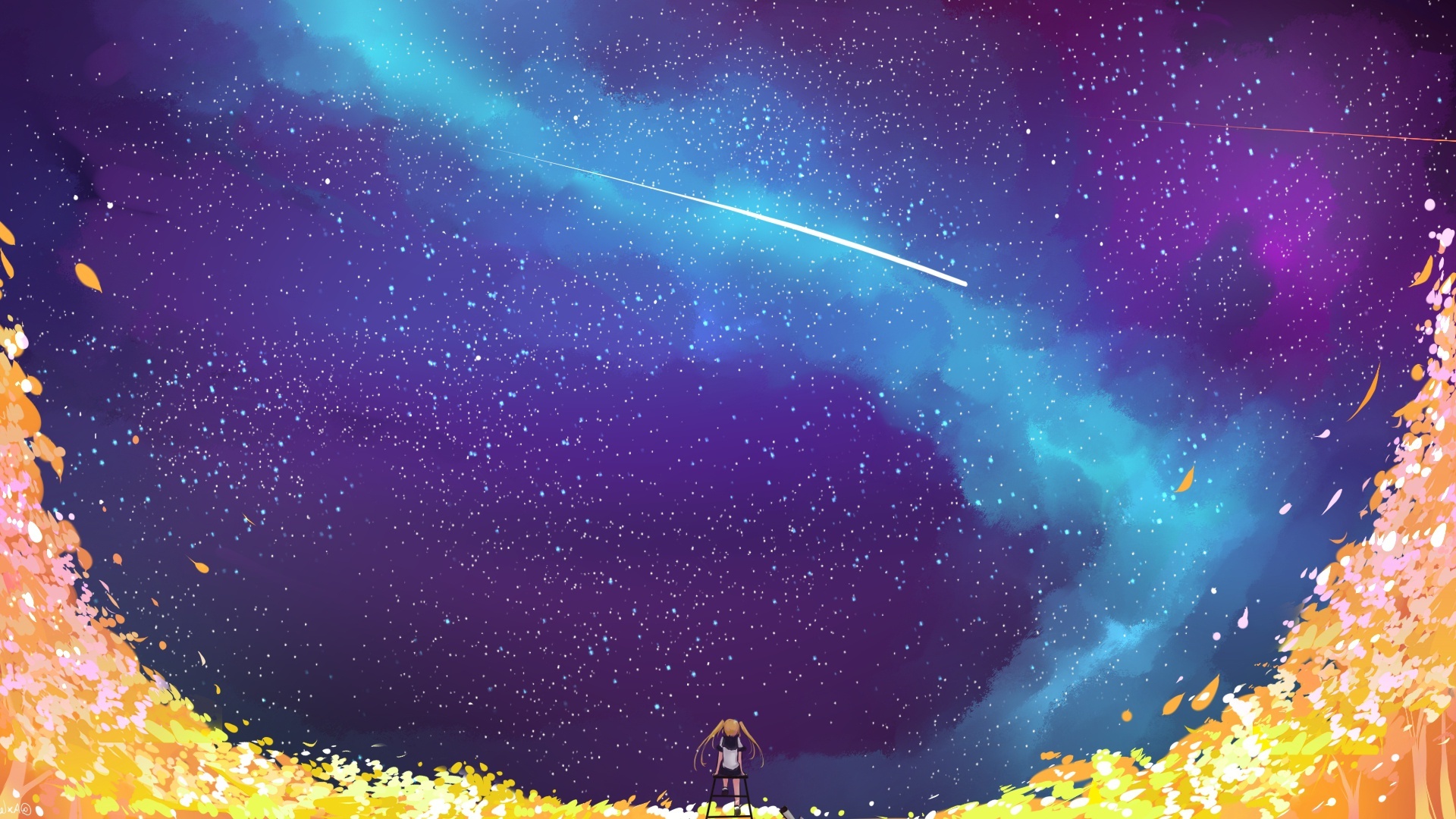 Wallpaper Leaves, Space, Falling Stars, Anime Girl, Scenery, Night ...