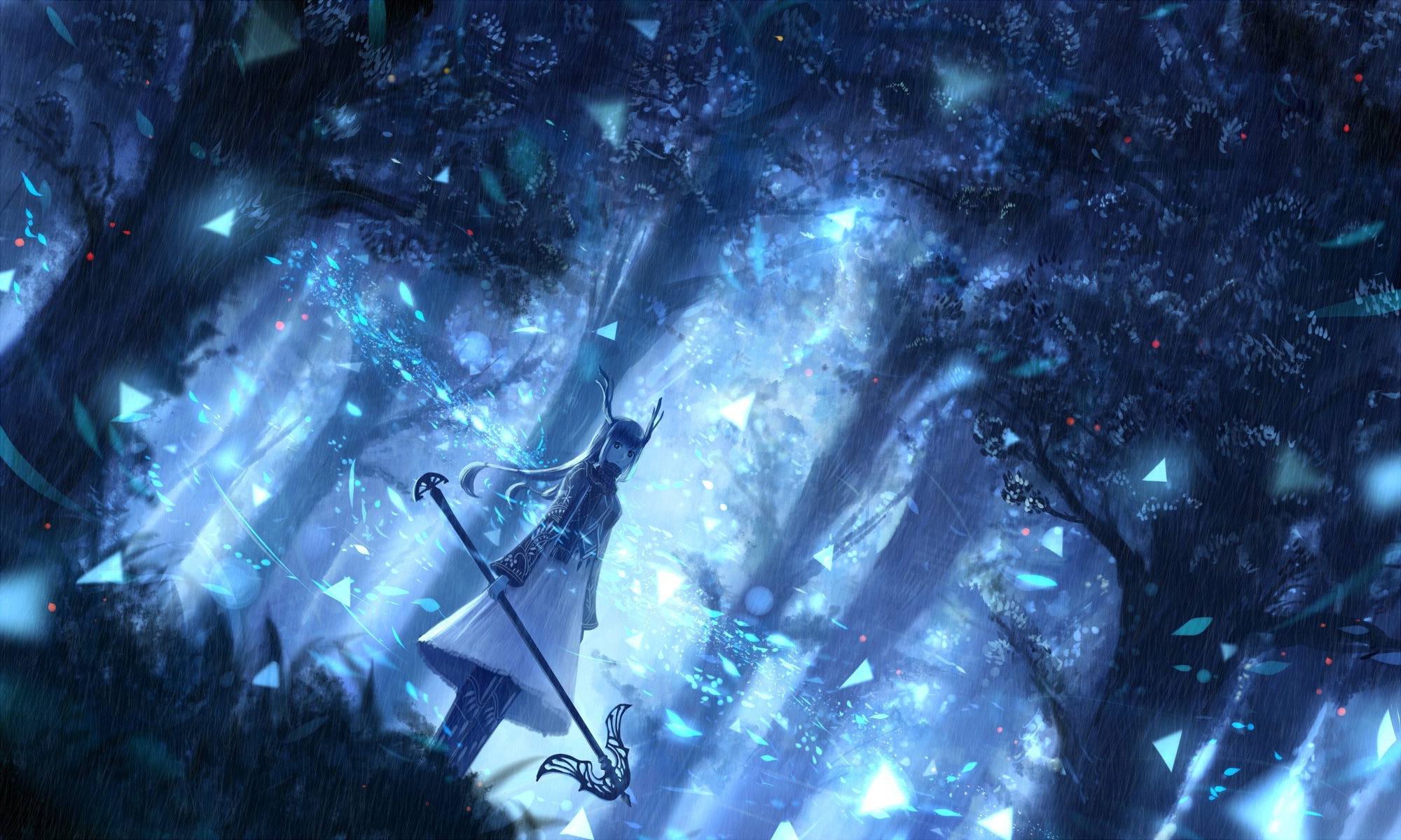 Wallpaper Particles, Staff, Anime Girl, Horns, Magical, Blue Forest ...