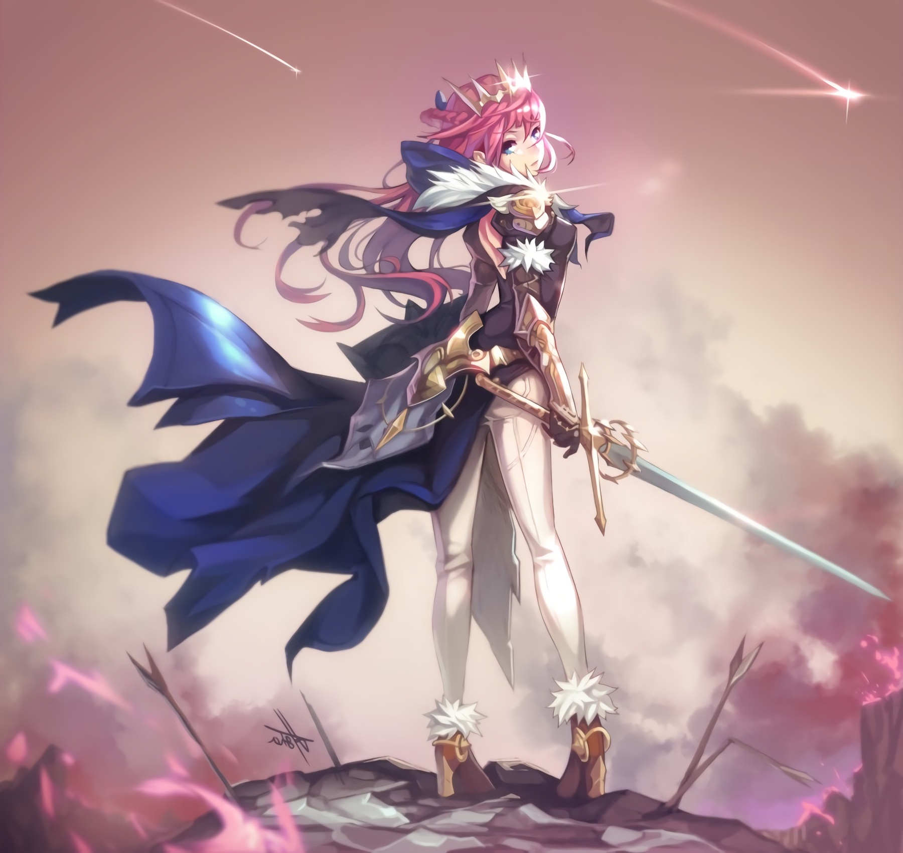 pink haired anime warrior girl with armour and a sword