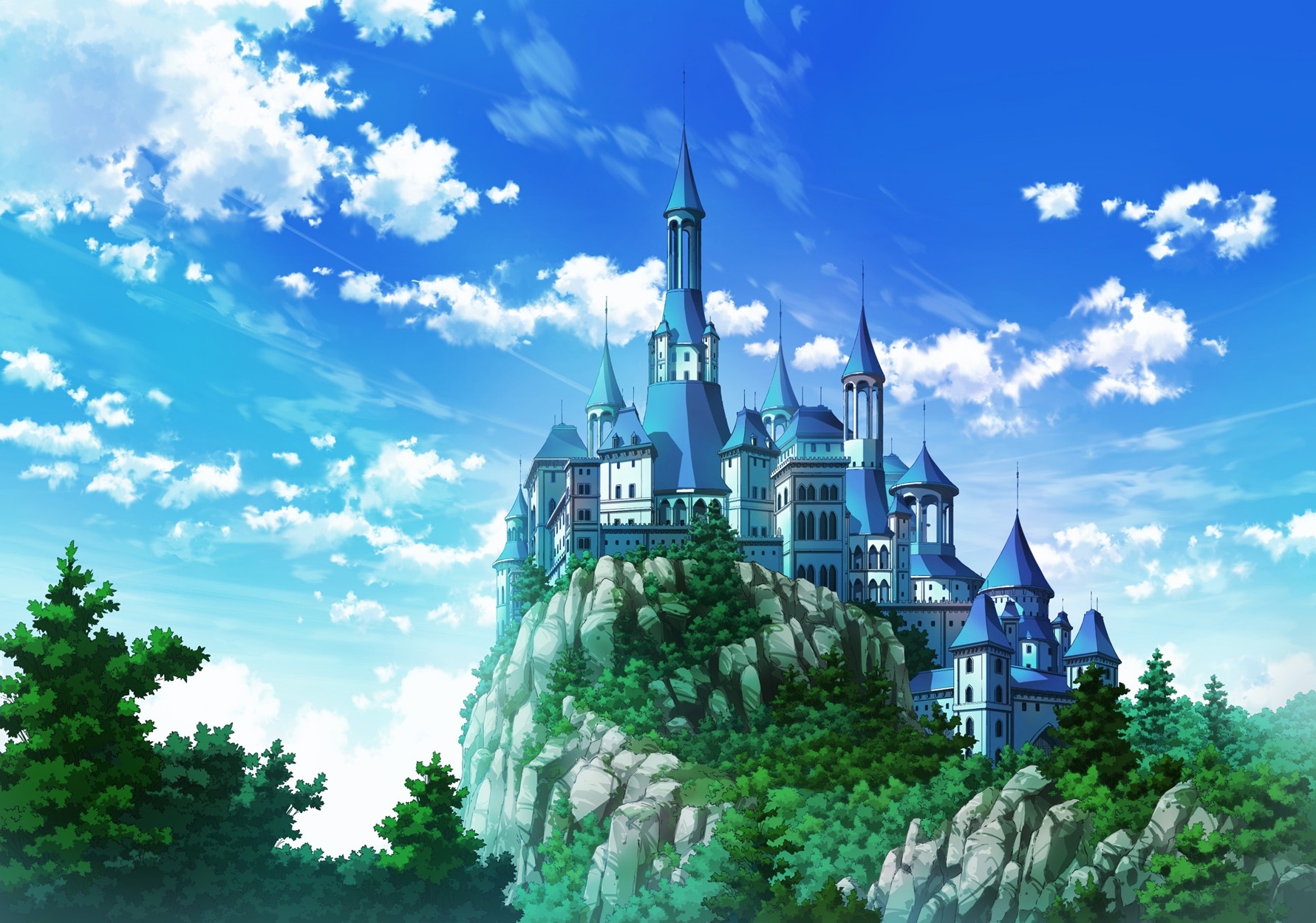 Wallpaper Castle, Clouds, Anime Scenery, Trees - Wallpx