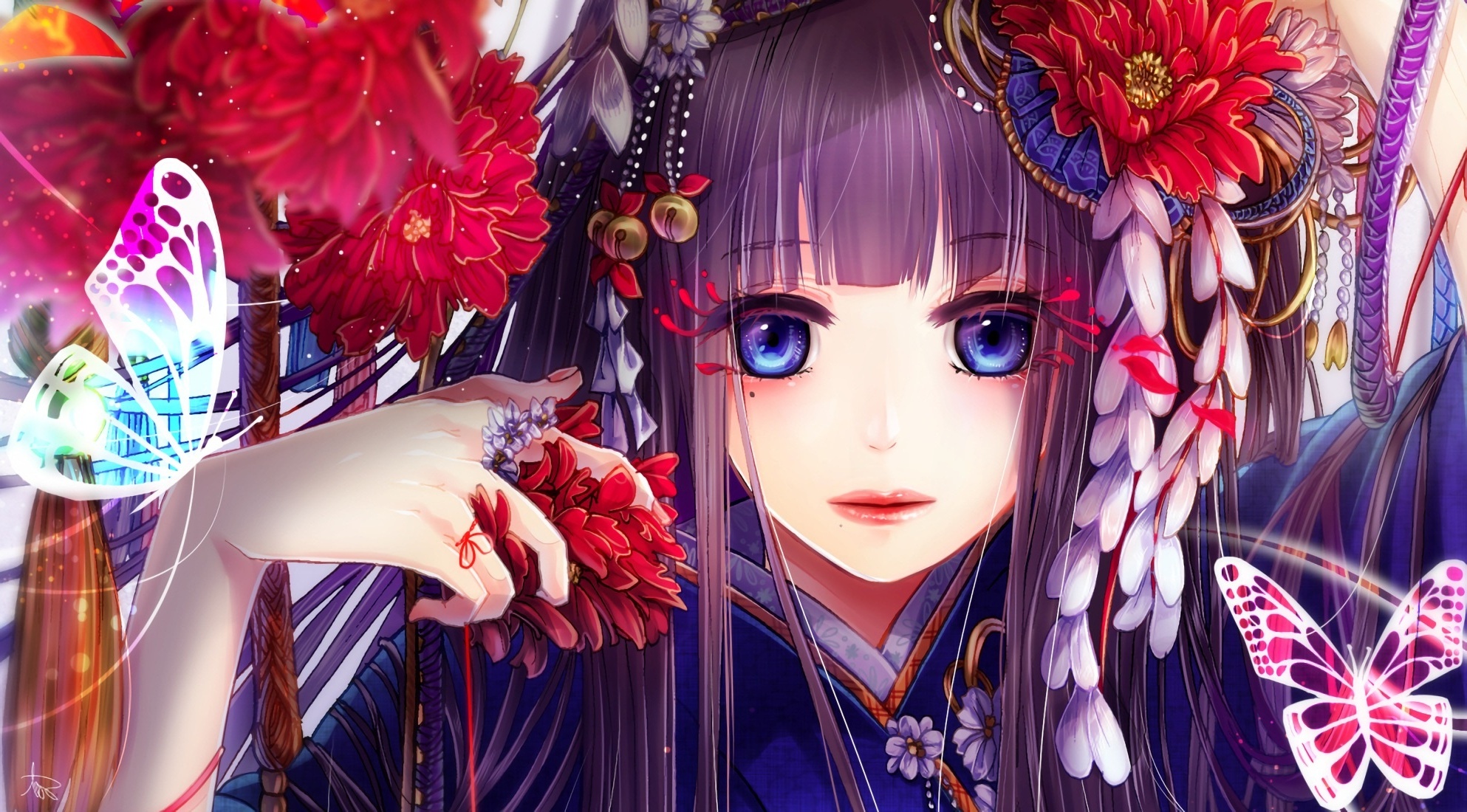 Wallpaper Long Hair, Butterfly, Semi Realistic, Kimono, Anime Girl ...