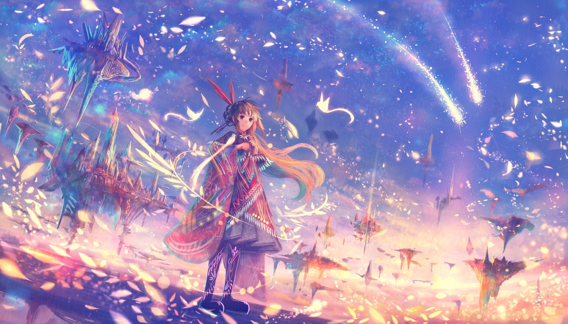 Wallpaper Petals, Floating Island, Fantasy World, Anime Girl ...
