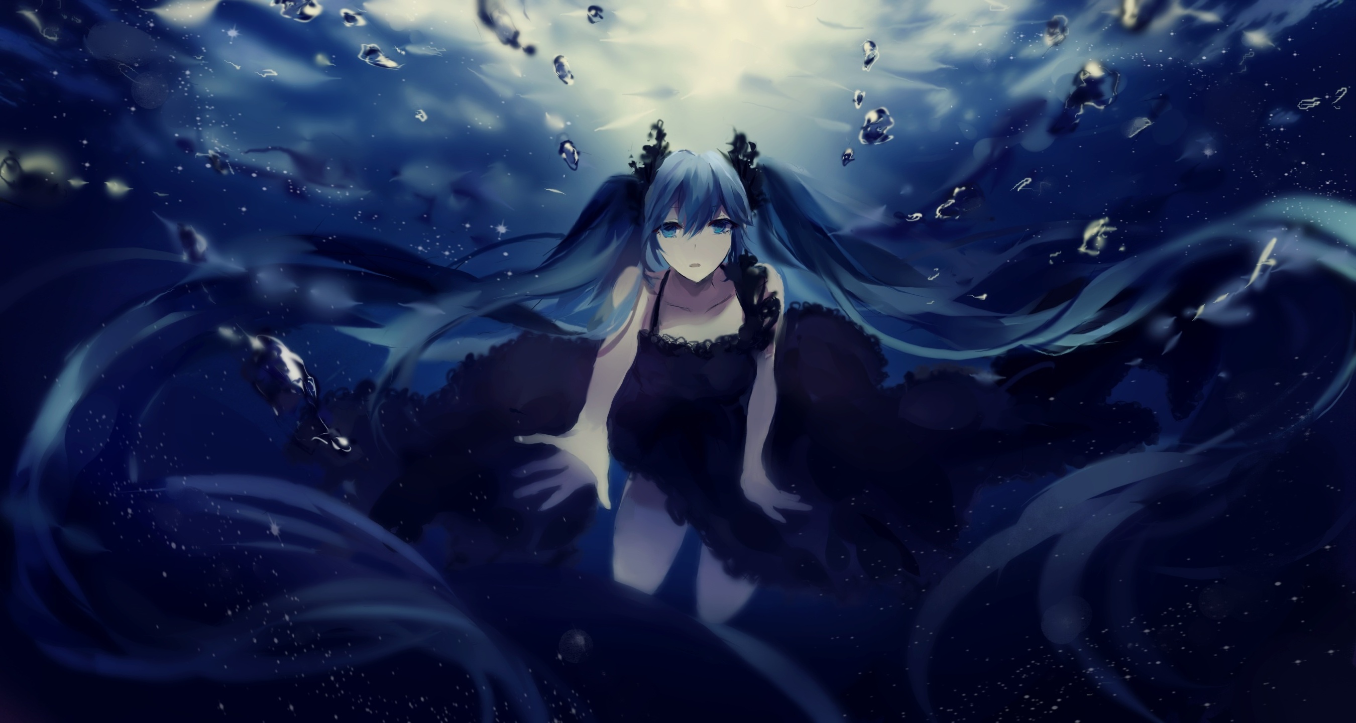 Wallpaper Vocaloid, Hatsune Miku, Underwater, Black Dress, Twintails ...