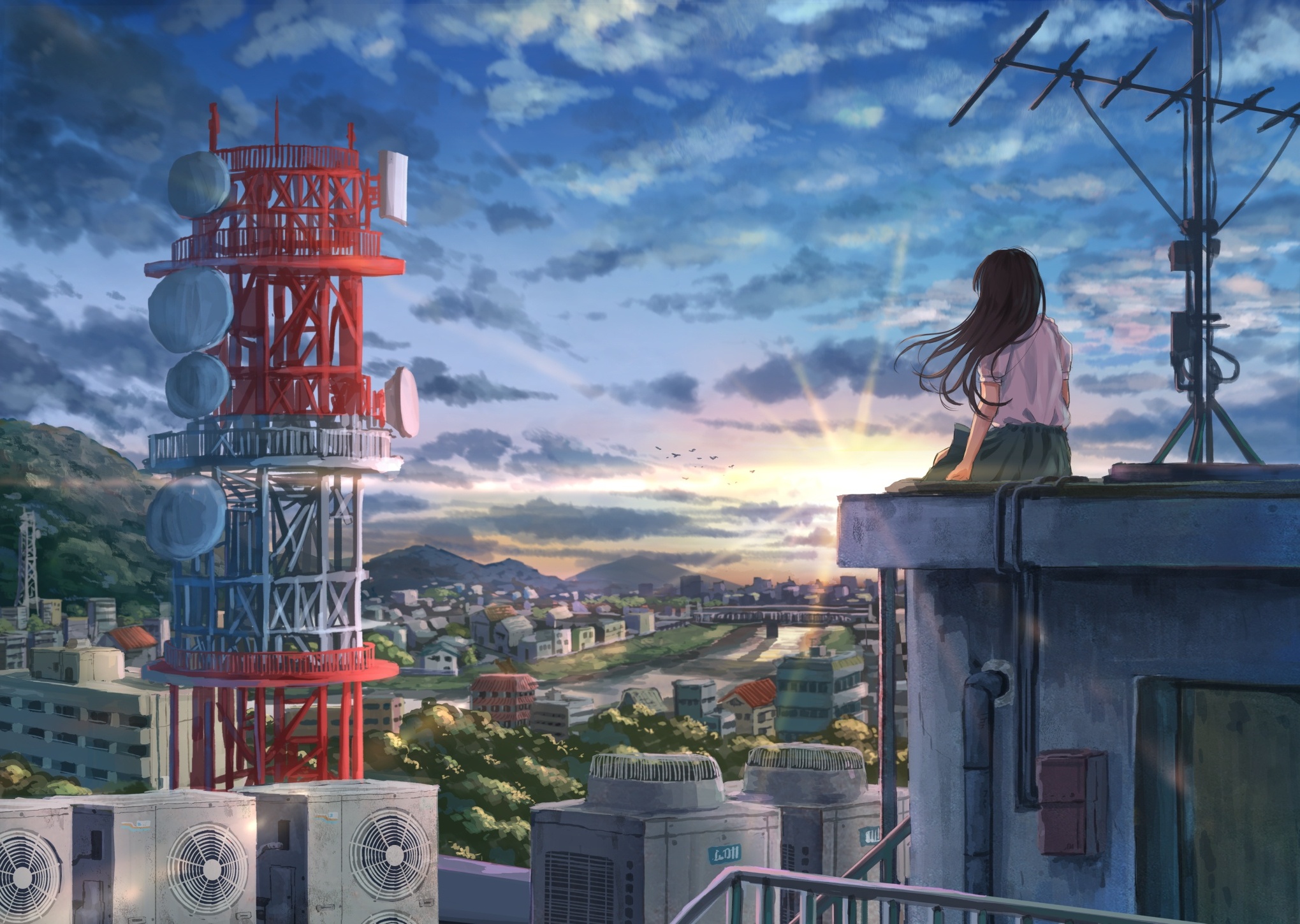 Wallpaper Clouds, Buildings, Back View, Sunset, Sit, Anime Girl, Scenic ...
