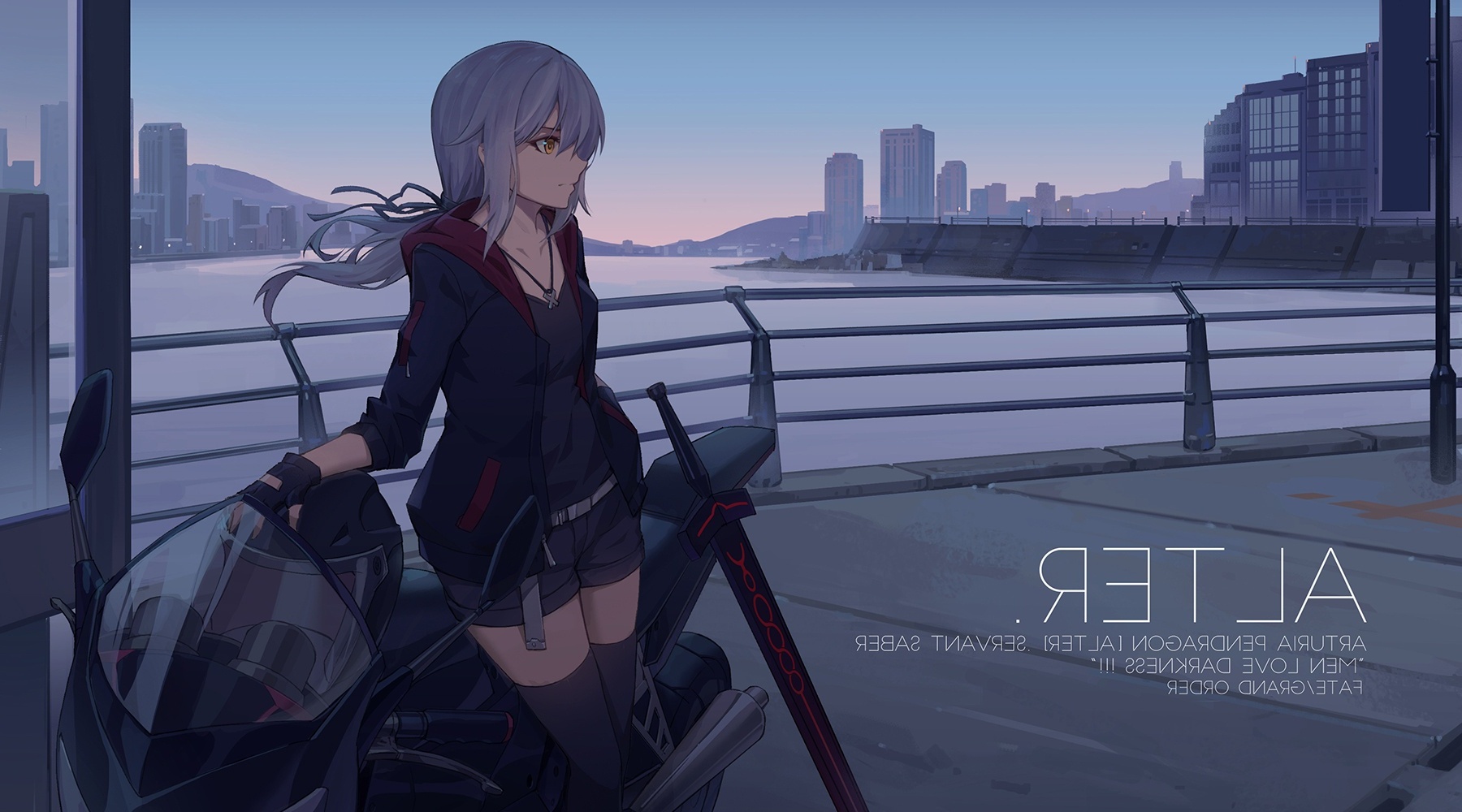Wallpaper Saber Sword Ponytail Fate Grand Order Buildings Motorcycle Resolution 1800x1000 Wallpx
