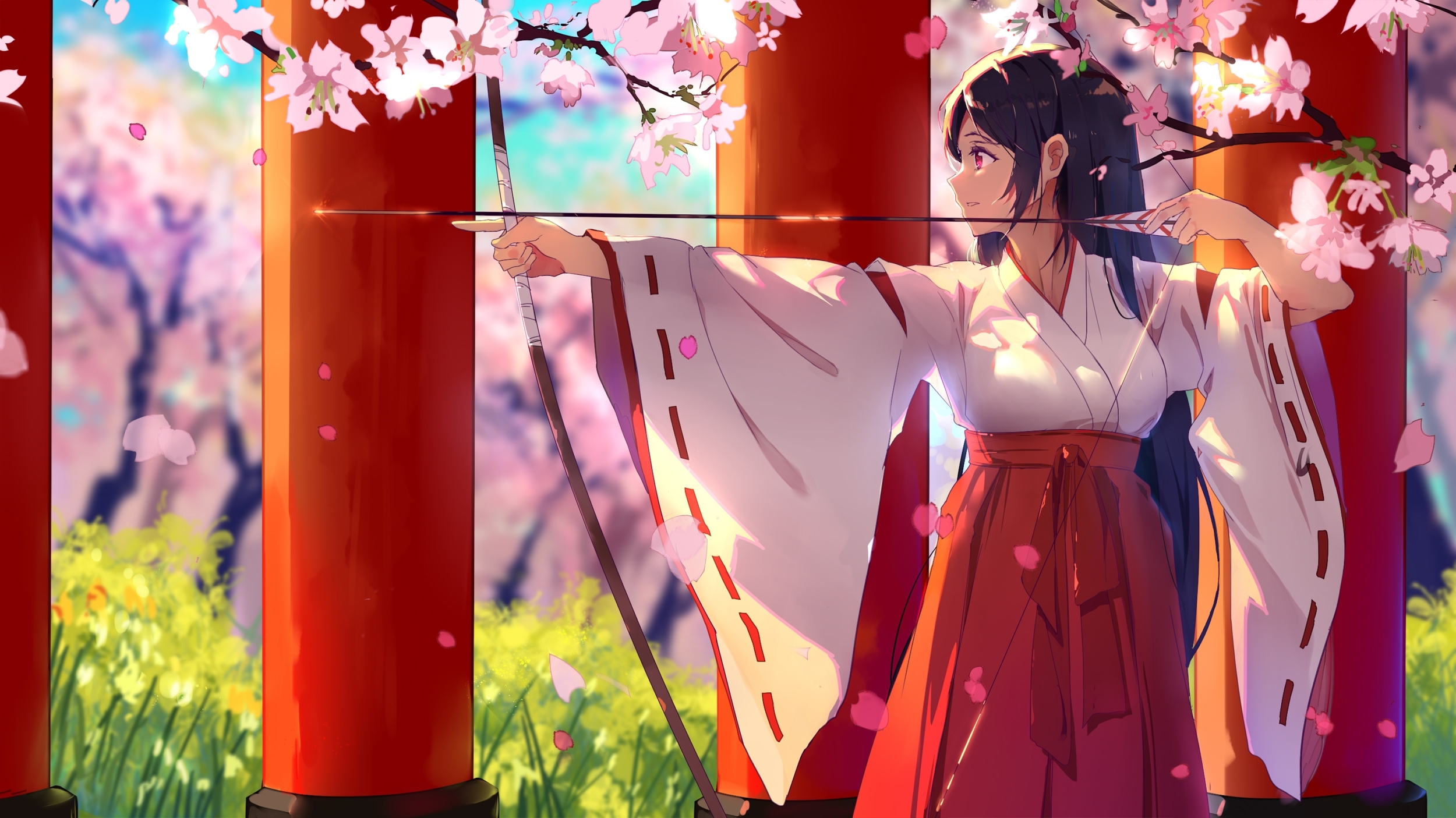 Wallpaper Anime Girl, Cherry Blossom, Profile View, Miko, Archer ...