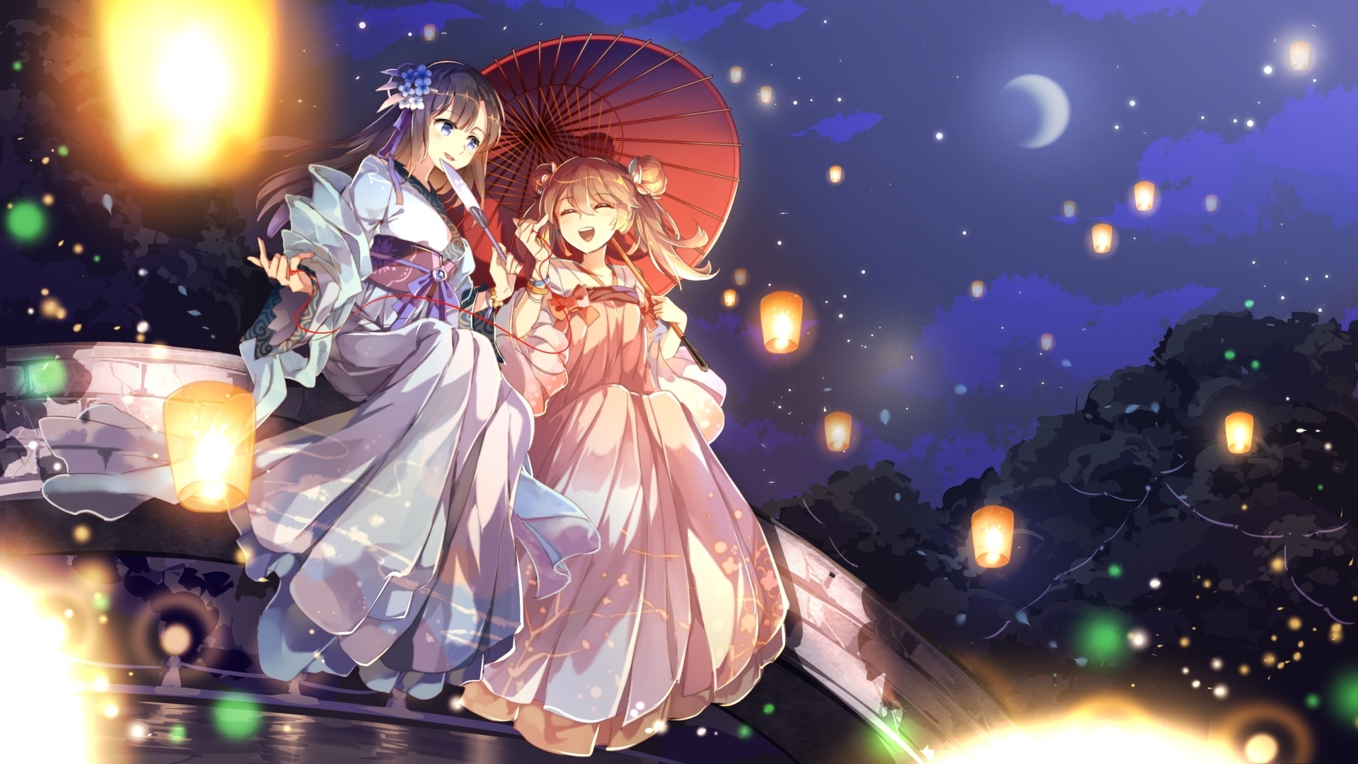 Wallpaper Anime Girls, Smiling, Kimono, Umbrella, Lanterns, Night ...