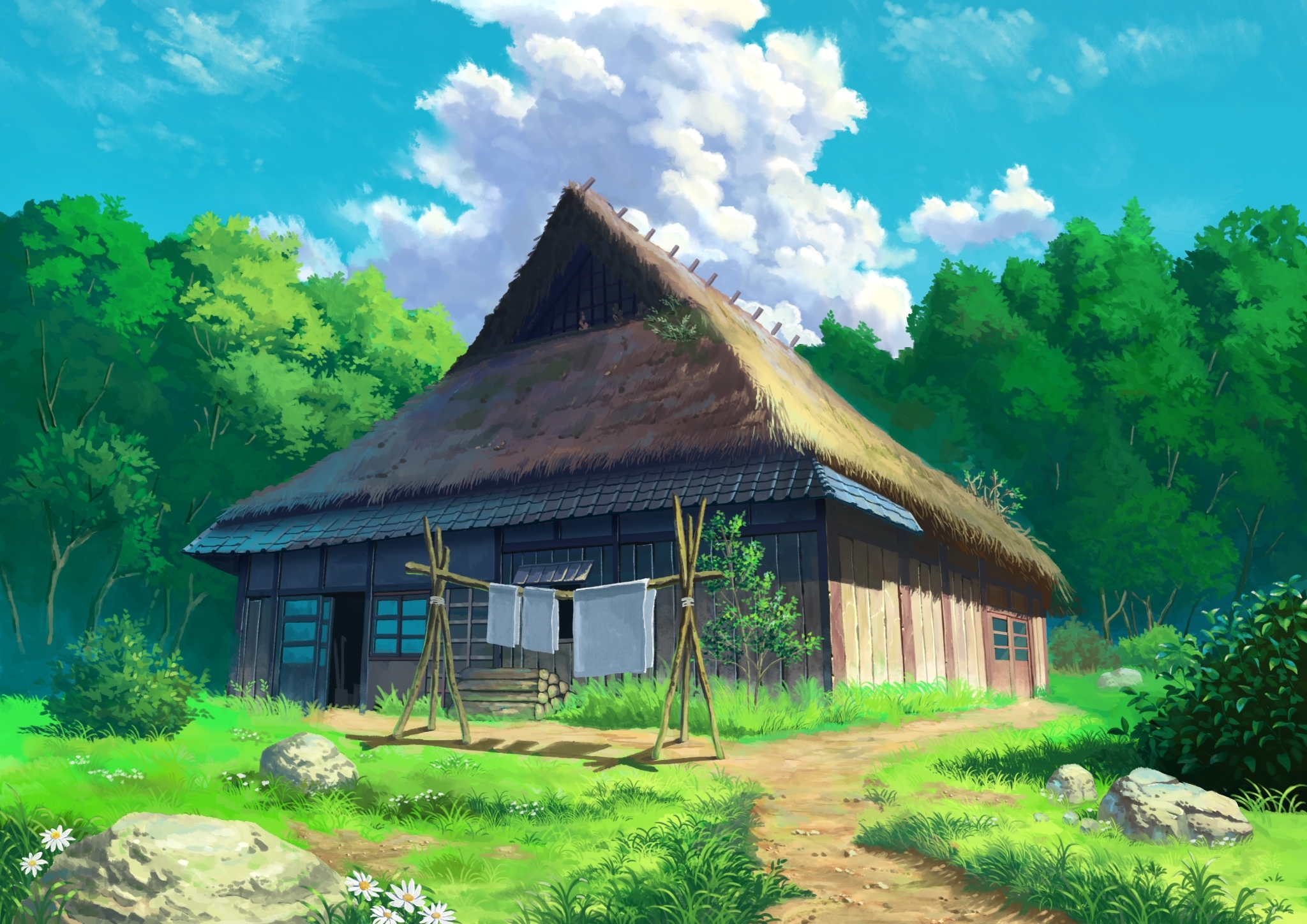 Wooden House Anime-house-grass-forest-scenic-clouds