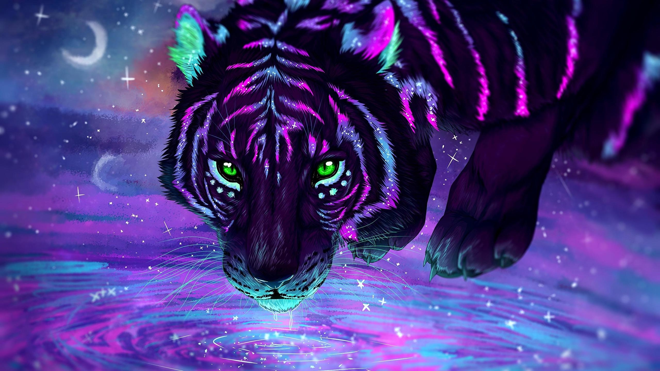 Wallpaper Green Eyes, Tiger, Digital Art, Purple - Resolution:2560x1440 ...