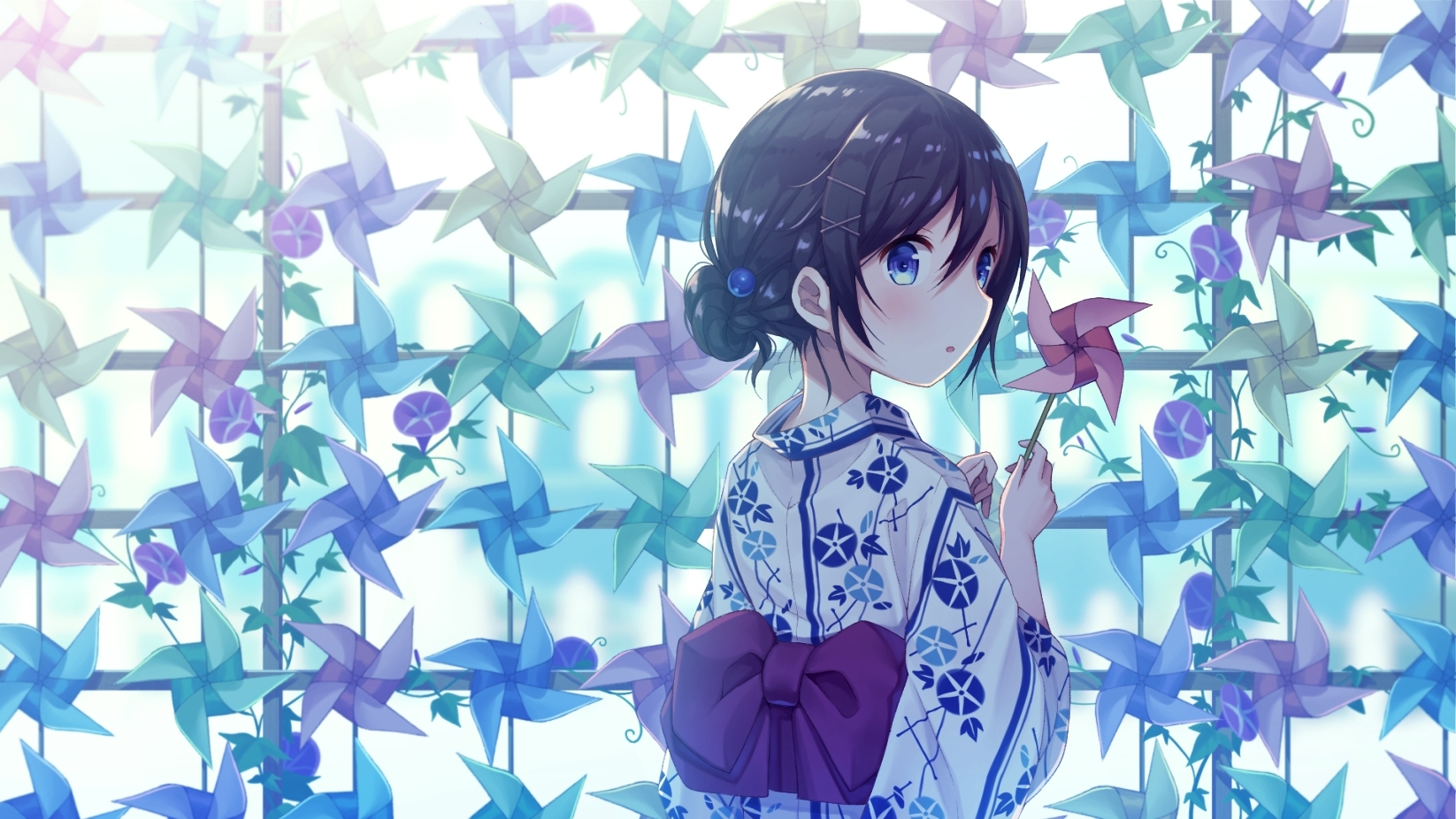 Wallpaper Kimono, Black Hair, Anime Girl, Blue Eyes, Back View ...