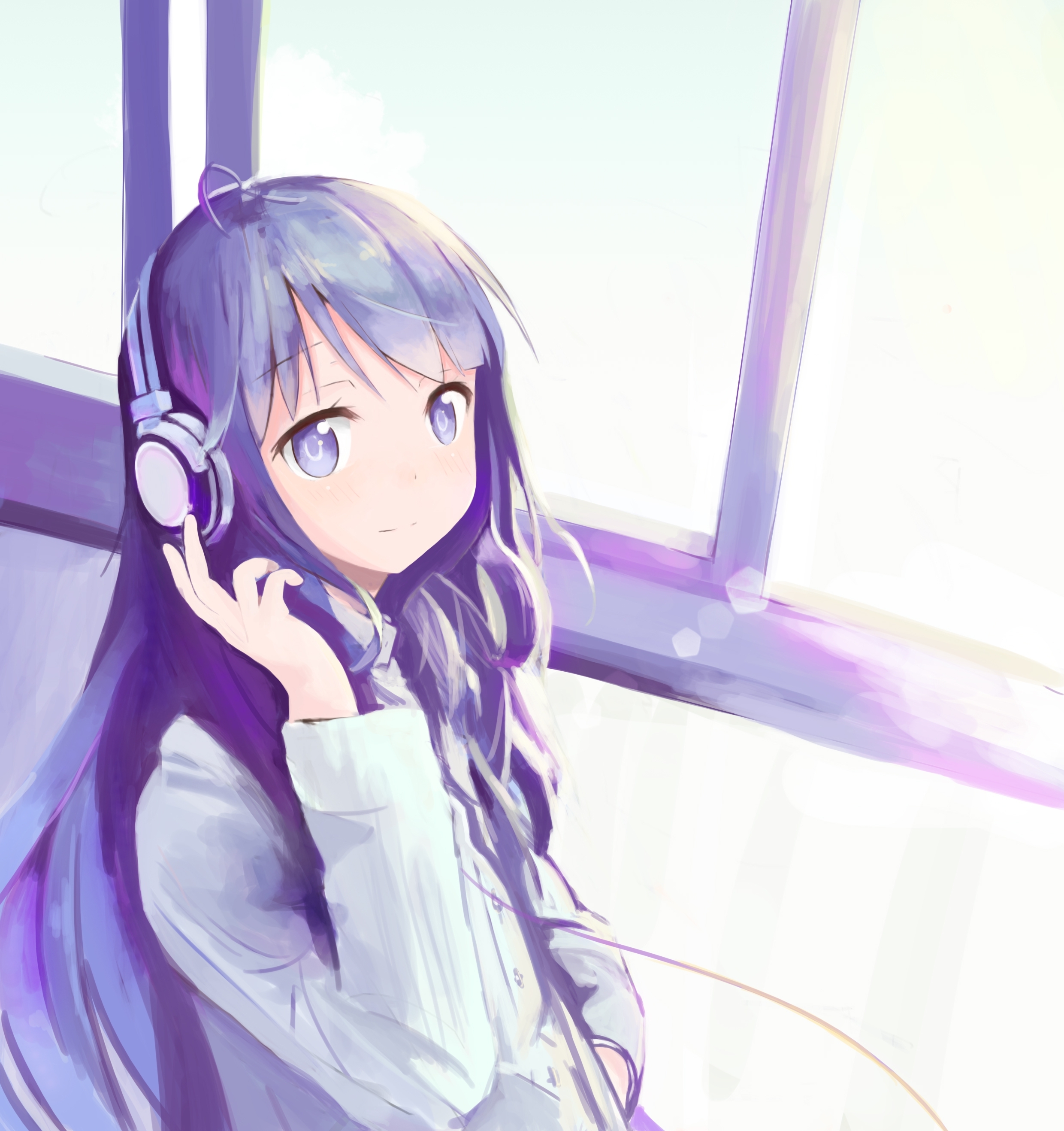 anime girl with headphones and purple hair