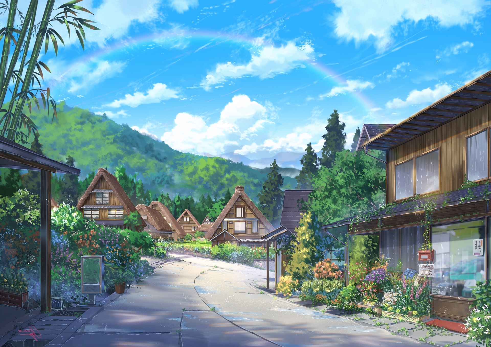 Studio ghibli, high definition anime cozy countryside house, with a stone  path leading up to it, located in a wide open field of green grass and  colorful wild flowers, lots of trees,