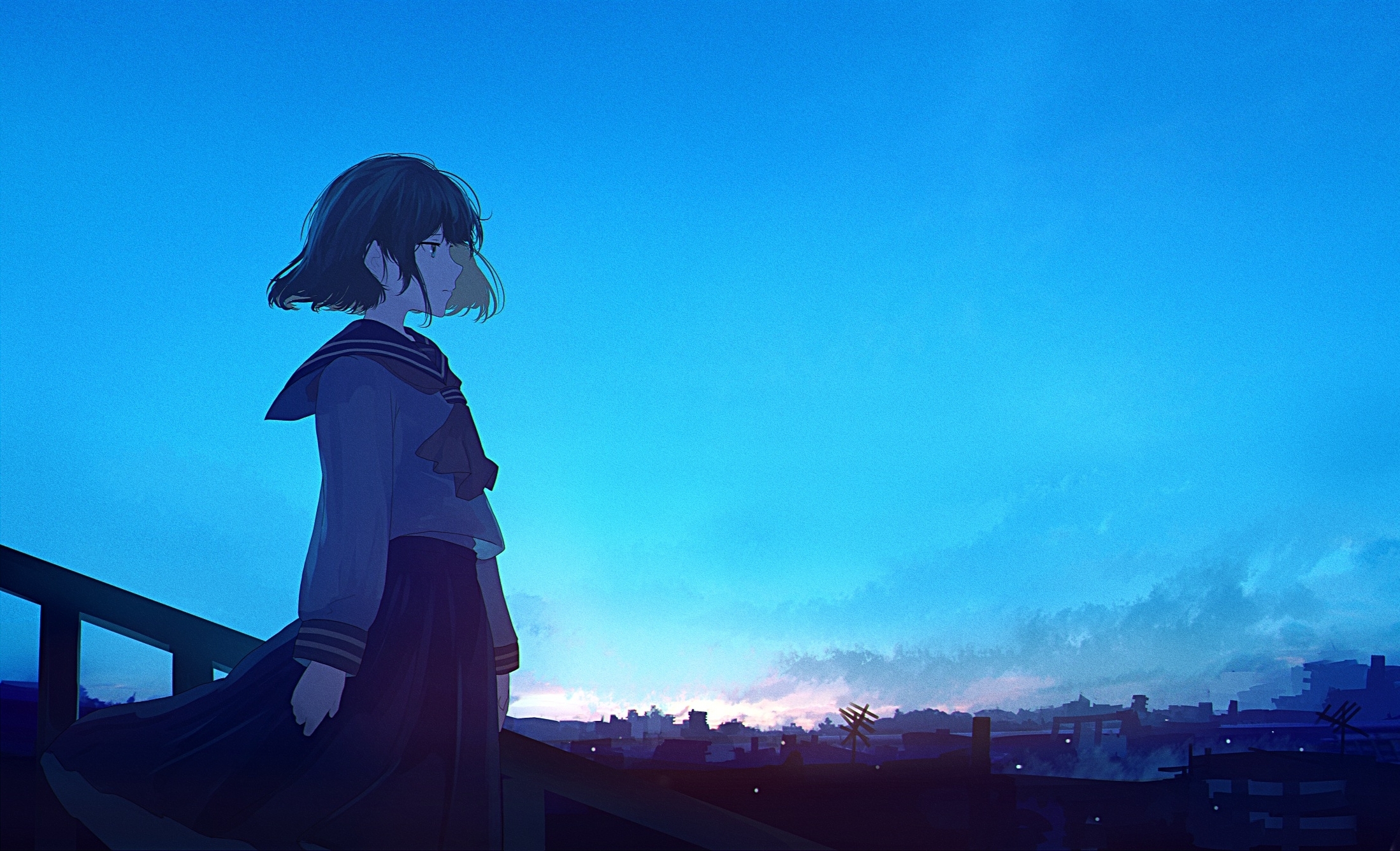 Wallpaper Short Hair, Anime School Girl, Scenic, Ruins, Sky, Uniform ...
