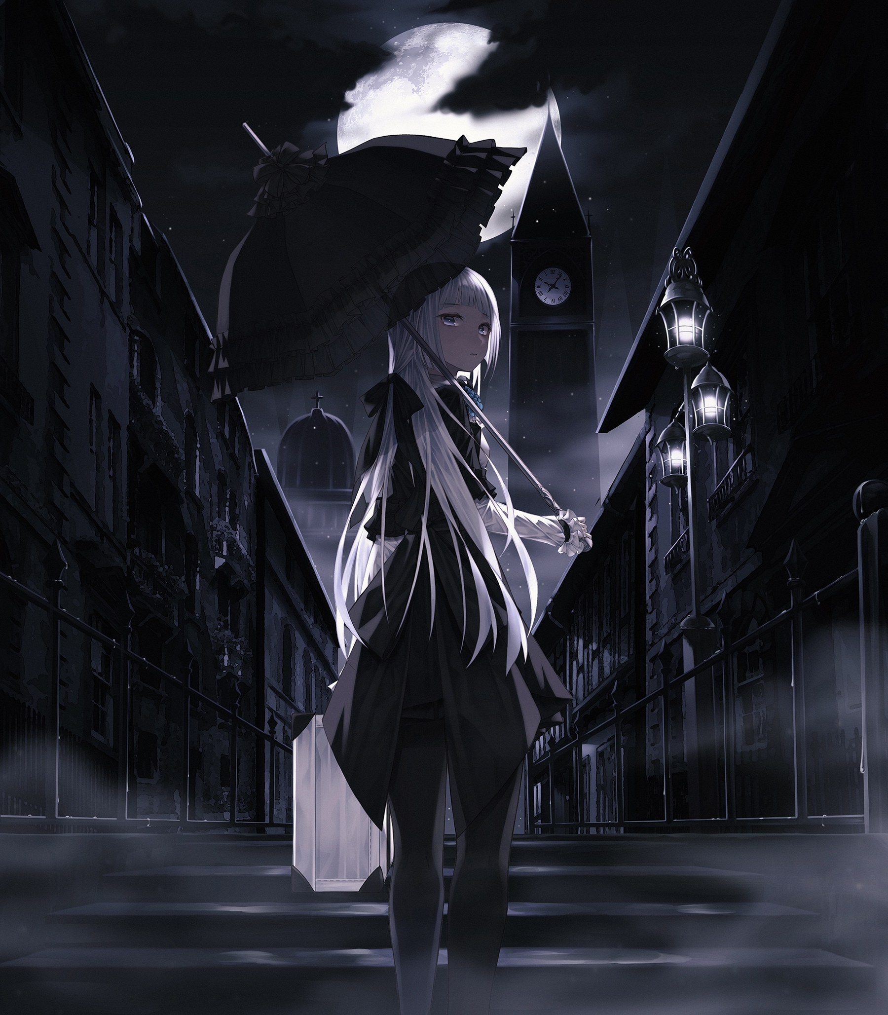 Anime girl, umbrella, dark, white hair, umbrella, Anime, HD phone wallpaper