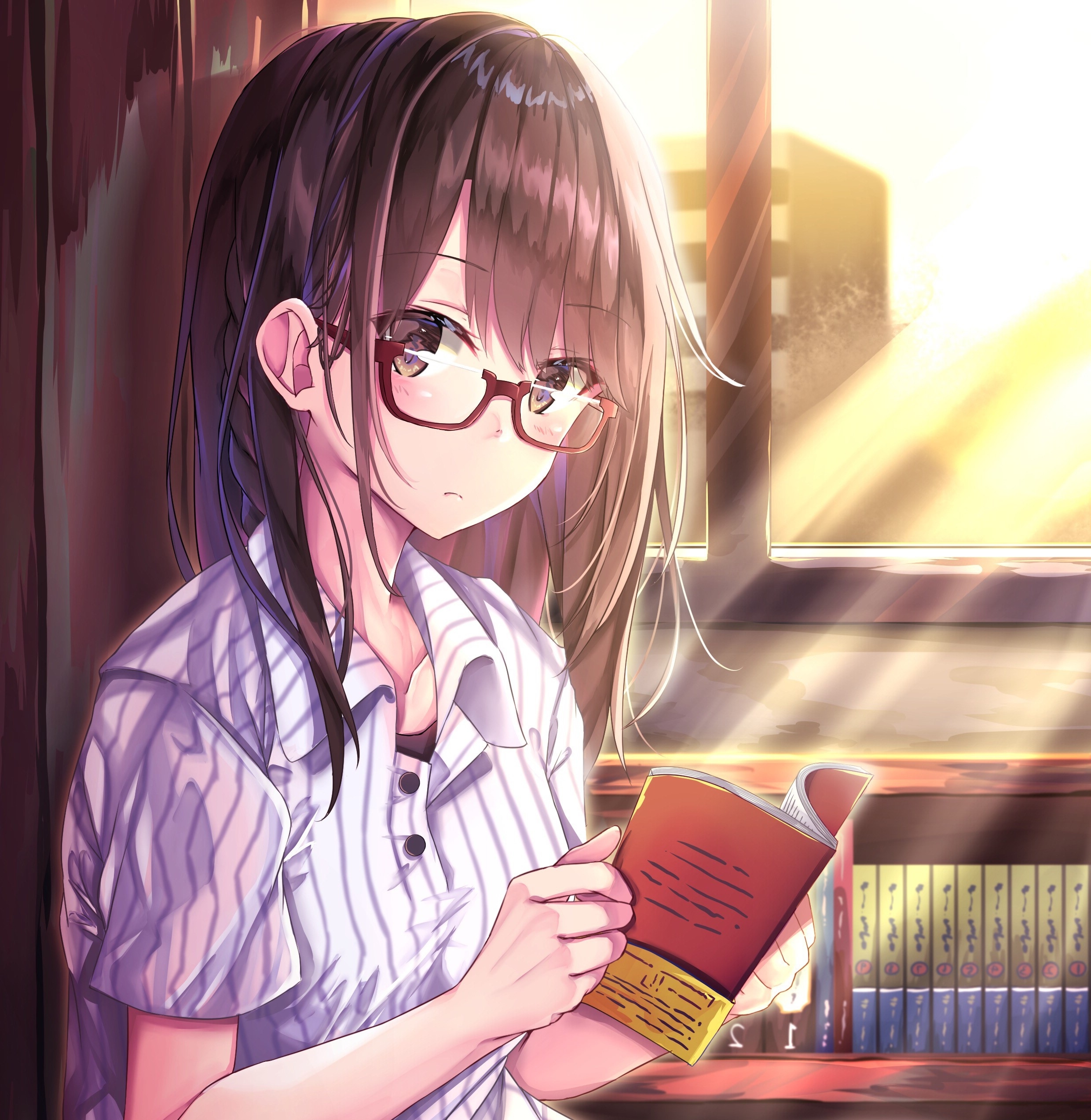 Wallpaper Anime Girl Cute Reading Moe Brown Hair Meganekko Sunlight Resolution2480x2546 