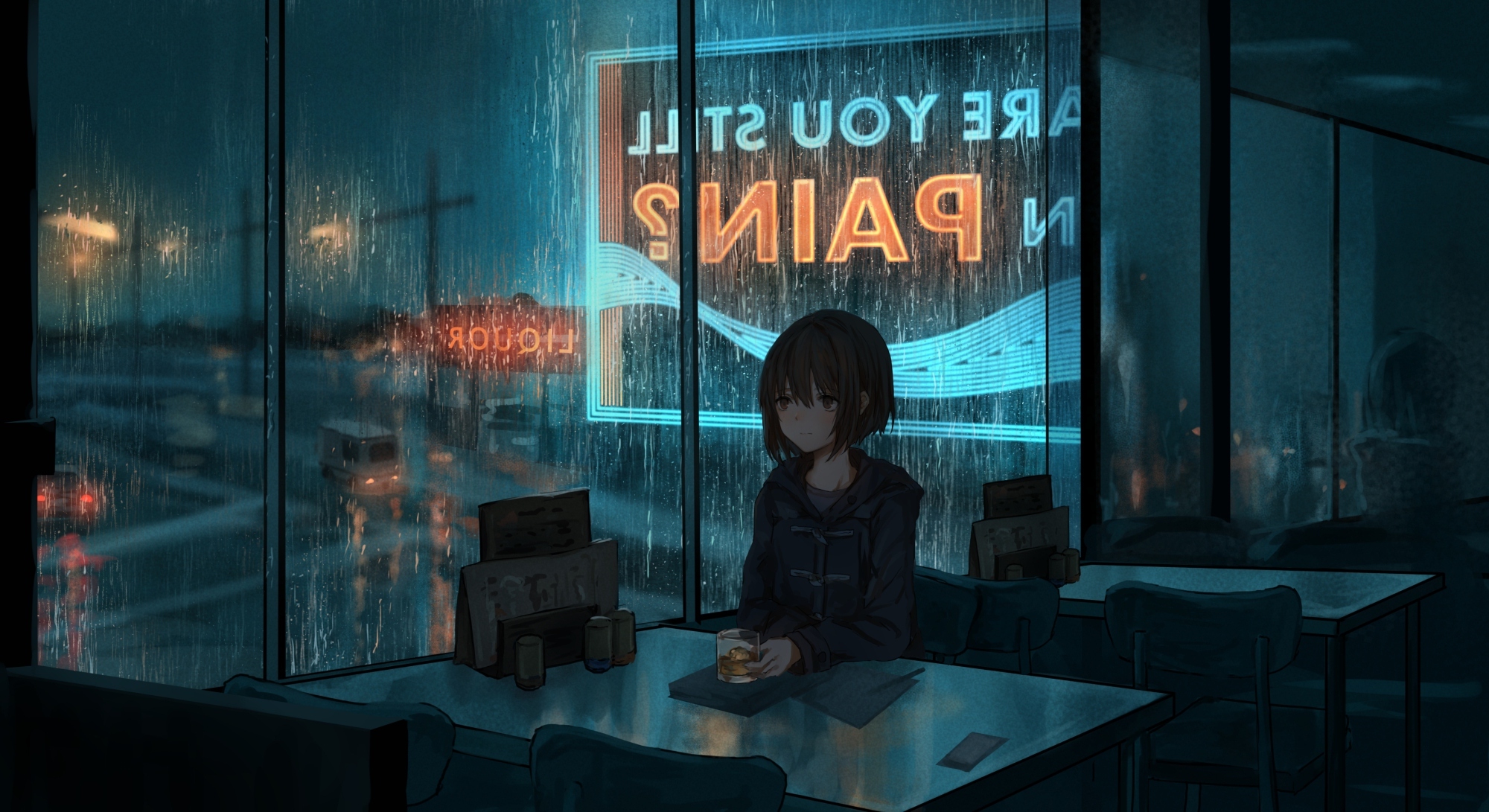 Anime girl, raining, are you still in pain, board ad, windows, Anime, HD  wallpaper