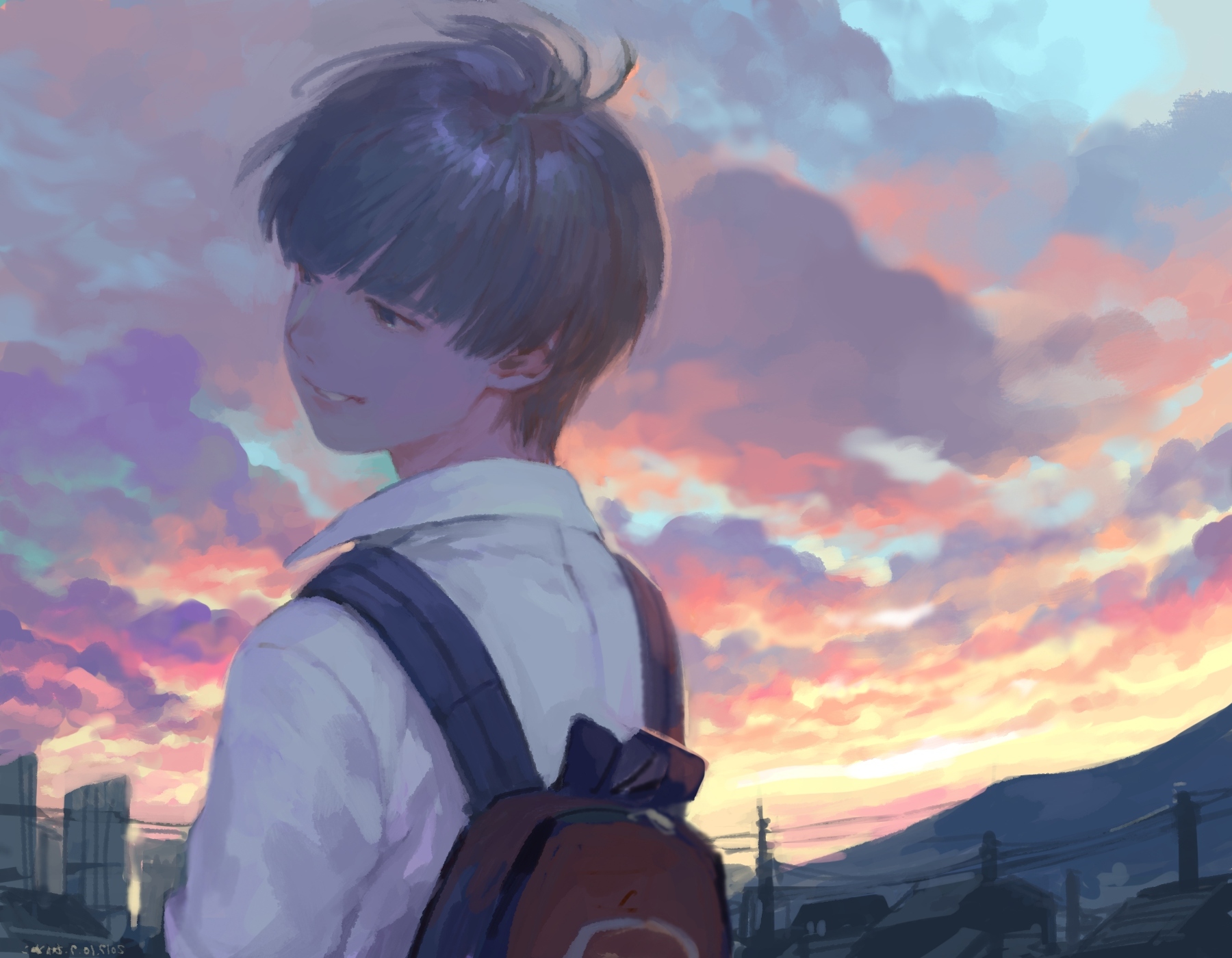 Anime boy, backpack, sunset, school uniform, smiling, Anime, HD wallpaper |  Peakpx
