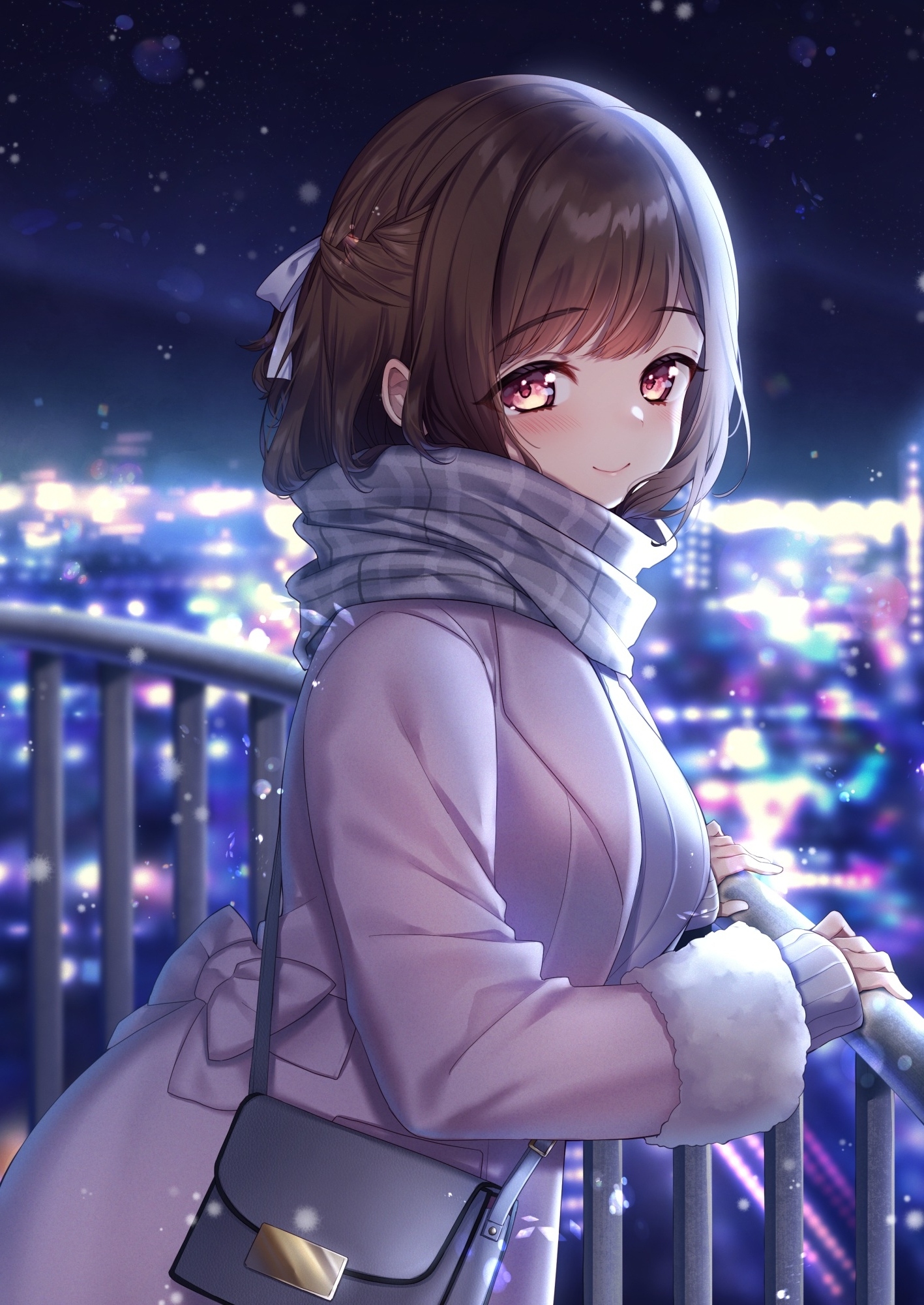Wallpaper Cityscape, Stars, Brown Hair, Fence, Scarf, Lights, Anime ...