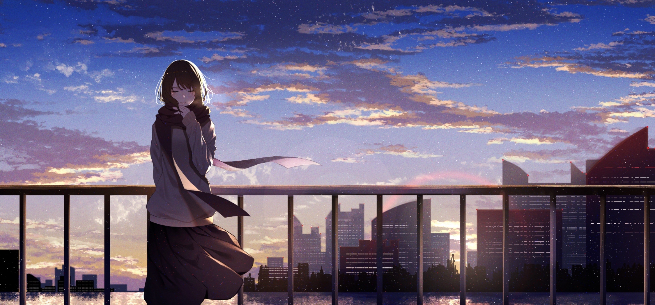 Wallpaper Fence, Scenic, Scarf, Anime Girl, Closed Eyes, Clouds, Stars ...