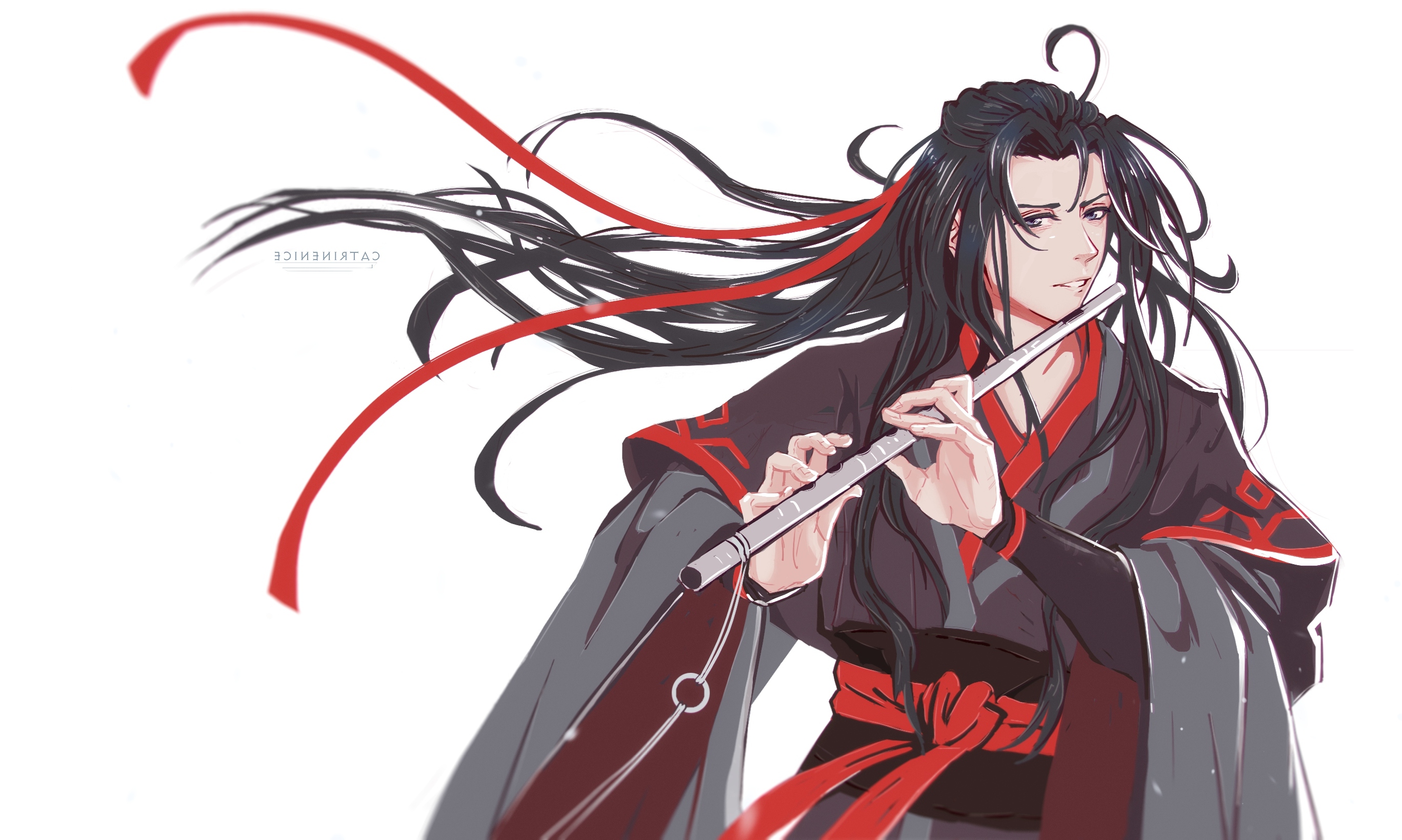 Wallpaper grey background, flute, red eyes, long hair, red ribbon, black  magic, Chinese clothing, Mo Dao Zu Shi for mobile and desktop, section  сёнэн, resolution 1920x1080 - download