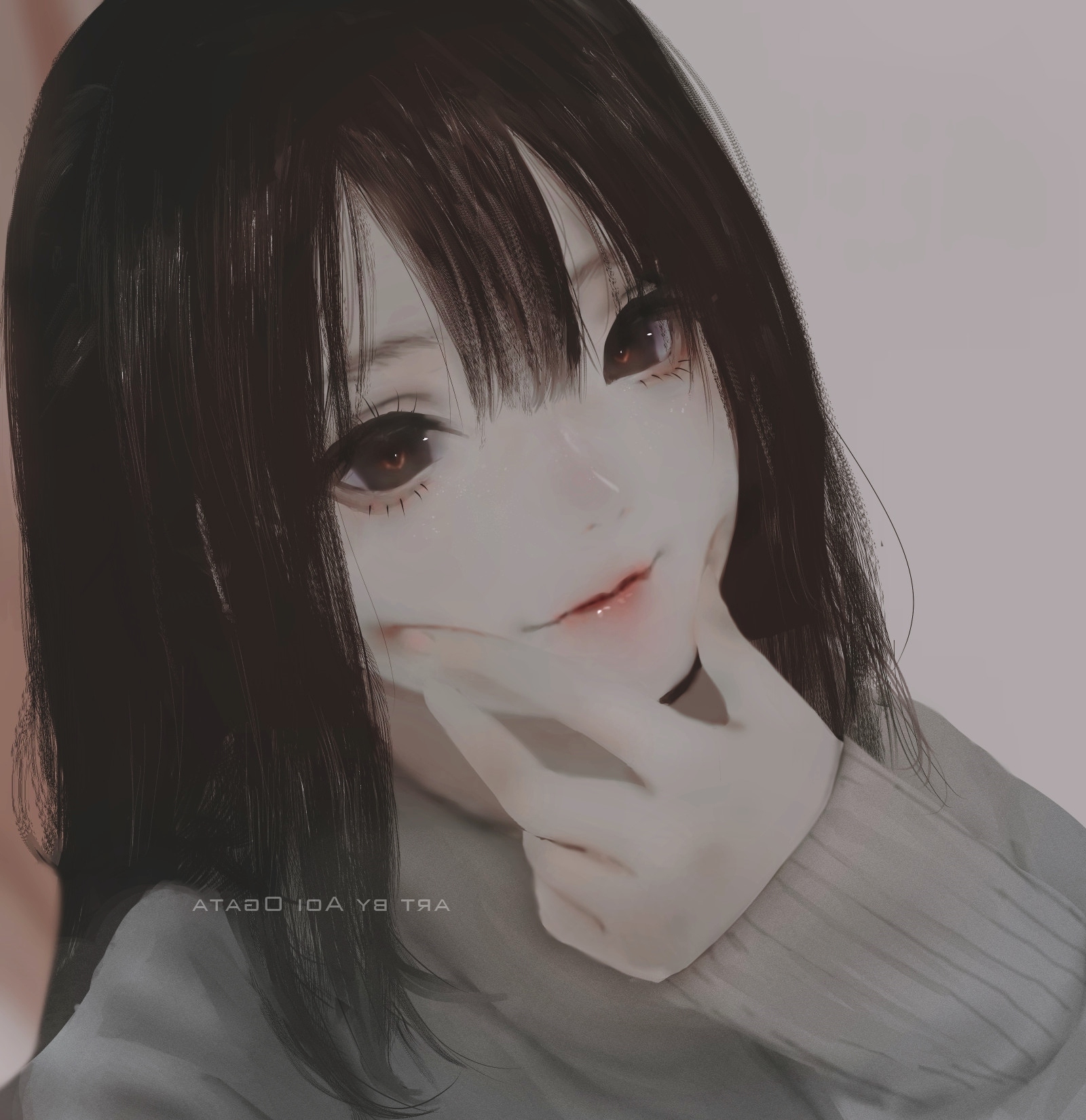 Wallpaper Forced Smile, Anime Girl, Black Hair, Semi Realistic ...