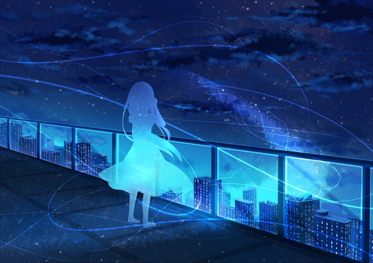 Wallpaper Rooftop, Fence, Anime Girl Silhouette, Night, Scenic, Stars ...