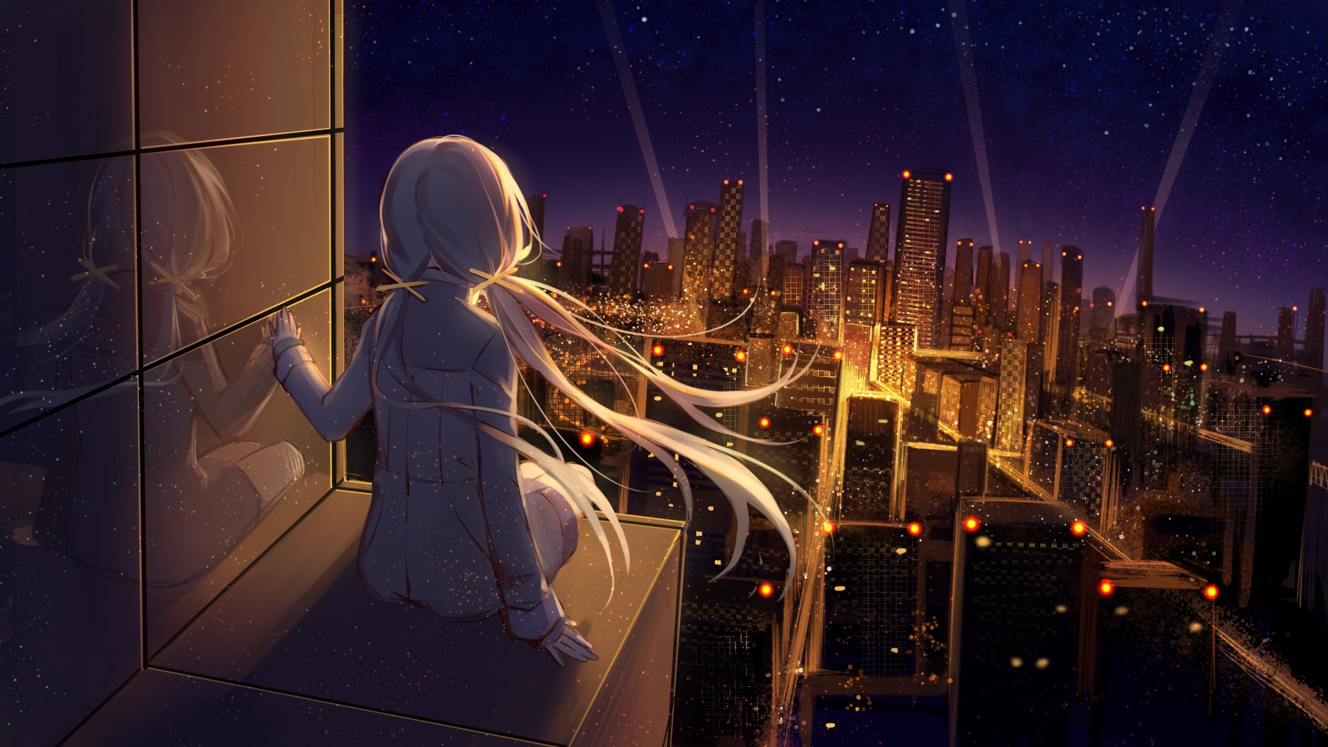 Wallpaper Stars Lights Back View Girl White Hair Skyscrapers Night Anime Cityscape Resolution 19x1080 Wallpx