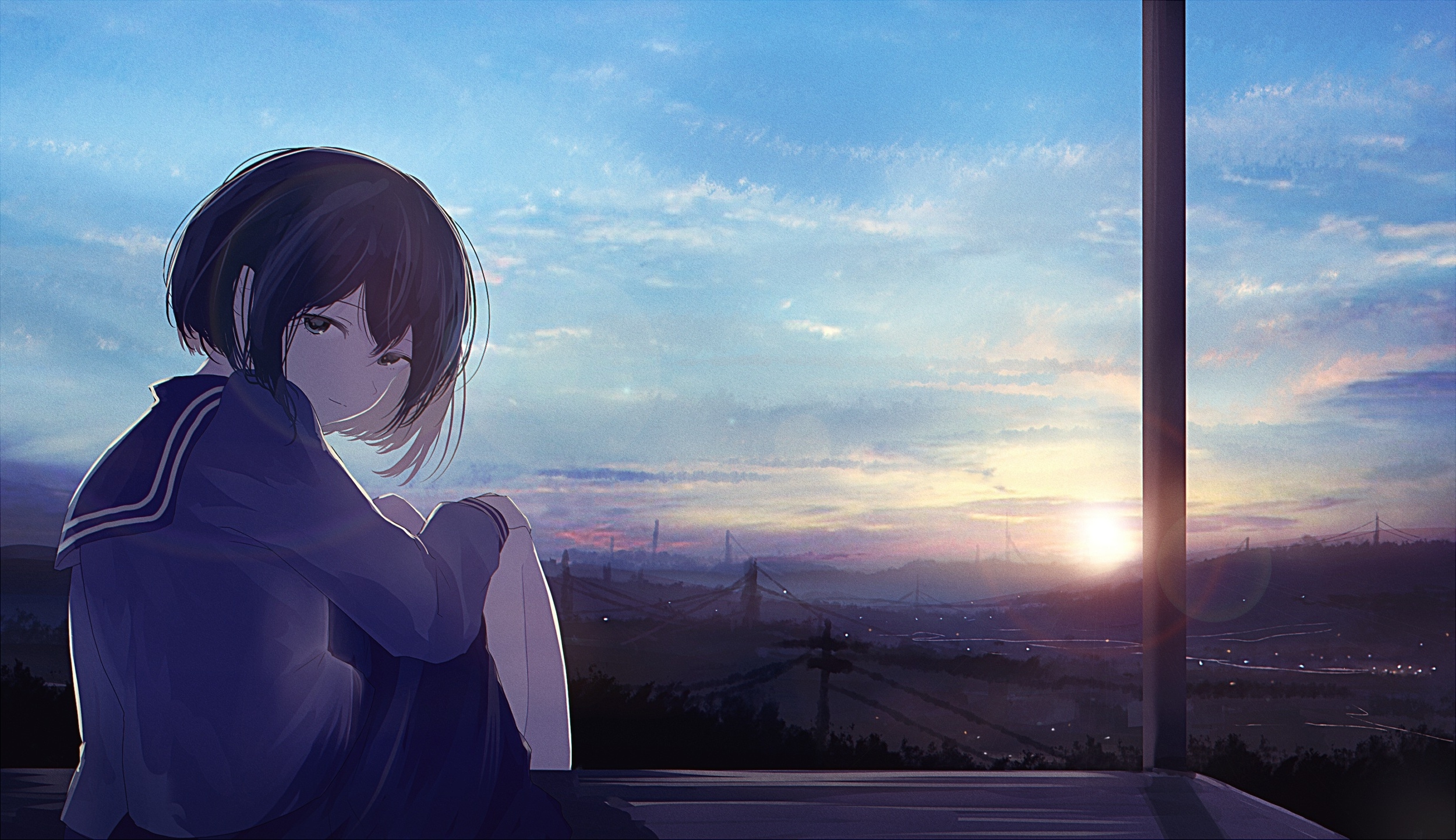Wallpaper Anime Girl, Sunset, School Uniform, Sky, Short Hair ...
