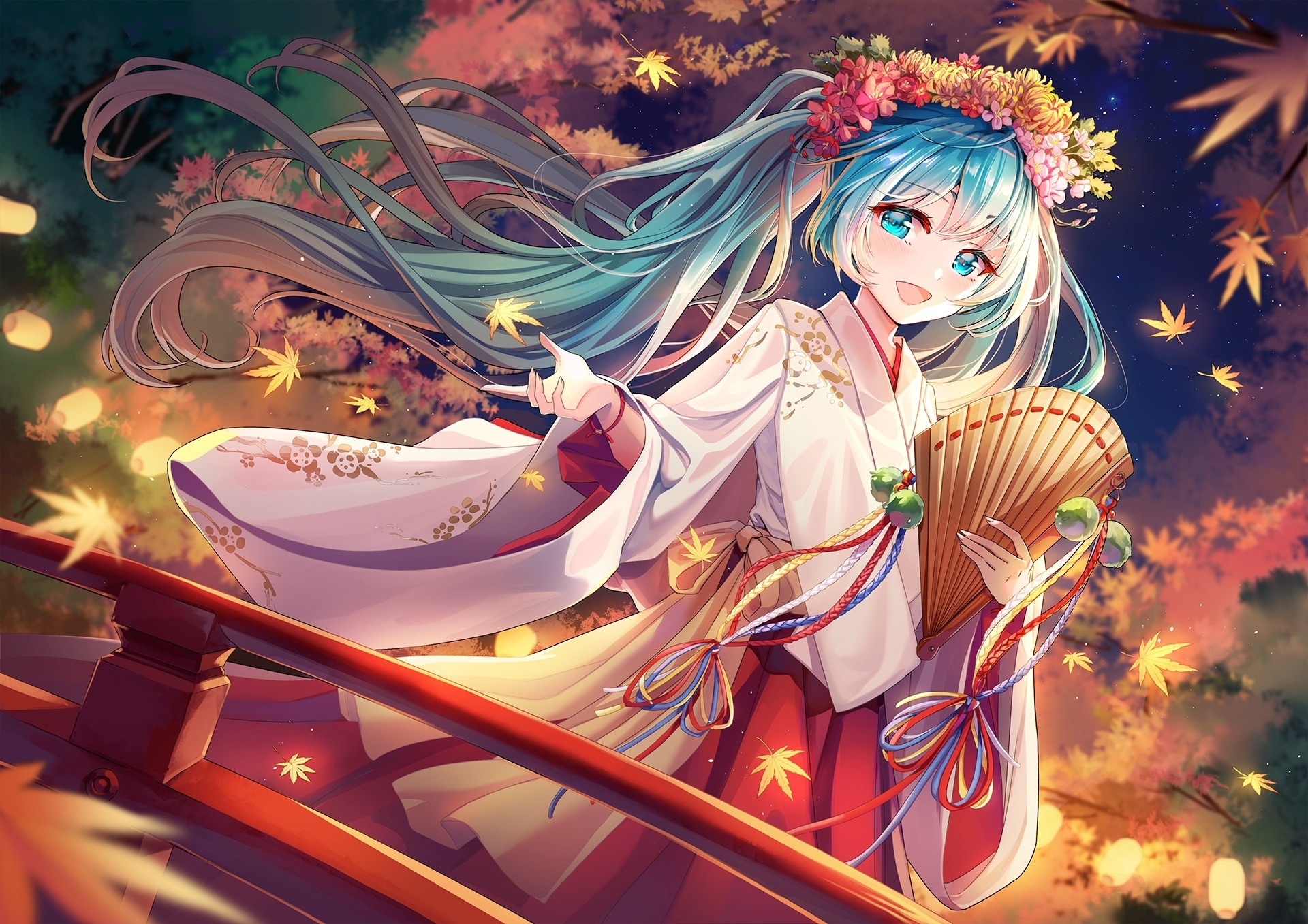 Wallpaper Hatsune Miku, Autumn, Leaves, Kimono, Aqua Hair, Vocaloid ...
