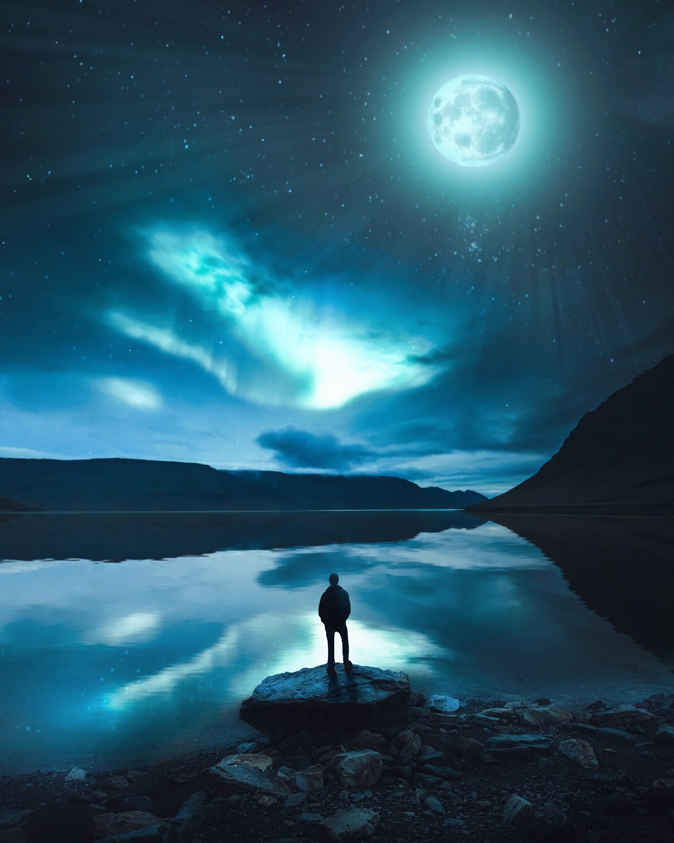 Download 8K iPhone Man Against A Moonlit Night Wallpaper