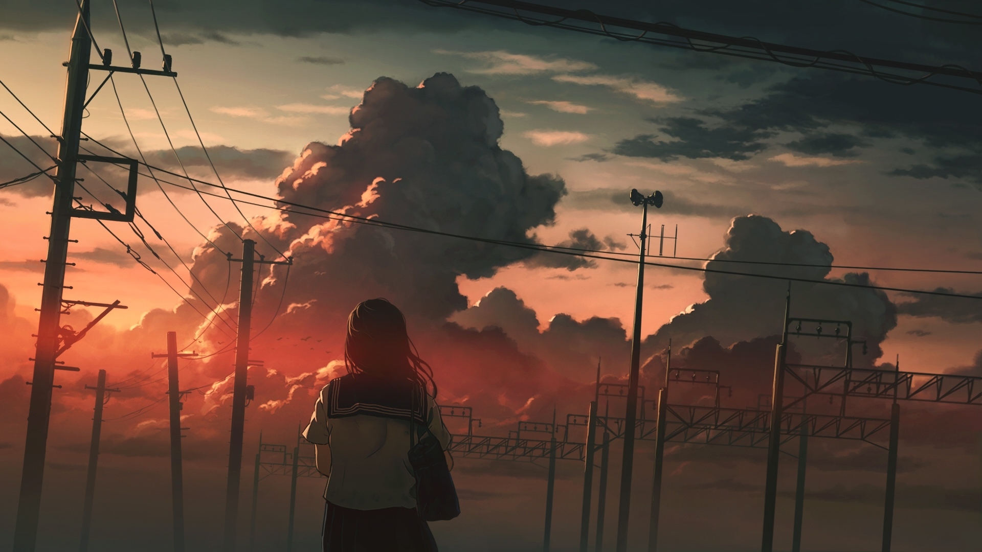School Girls Anime Flying Night Sky Sunset 4K Wallpaper #6.2587