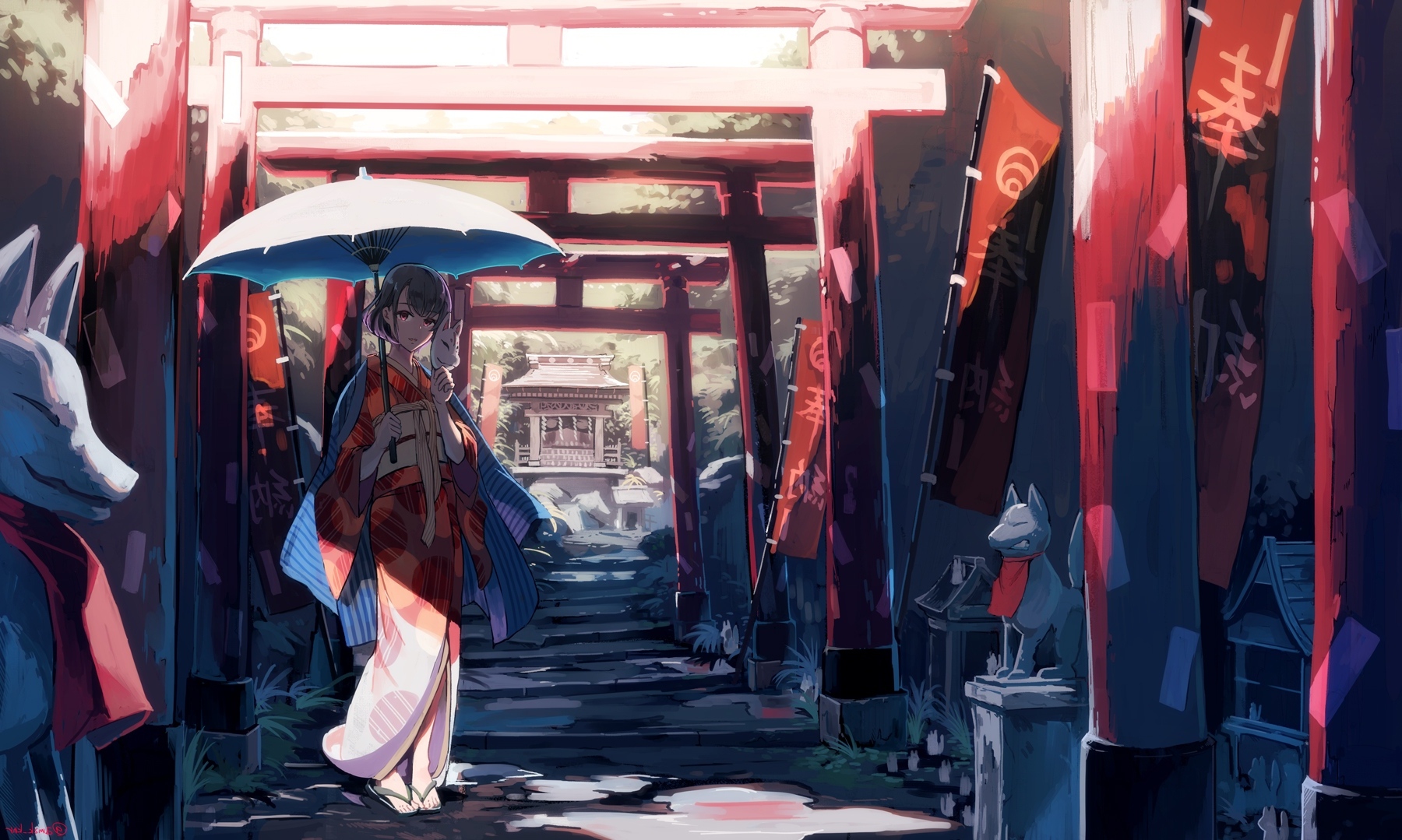 Wallpaper Traditional Clothes, Umbrella, Anime Girl, Shrine, Kimono ...