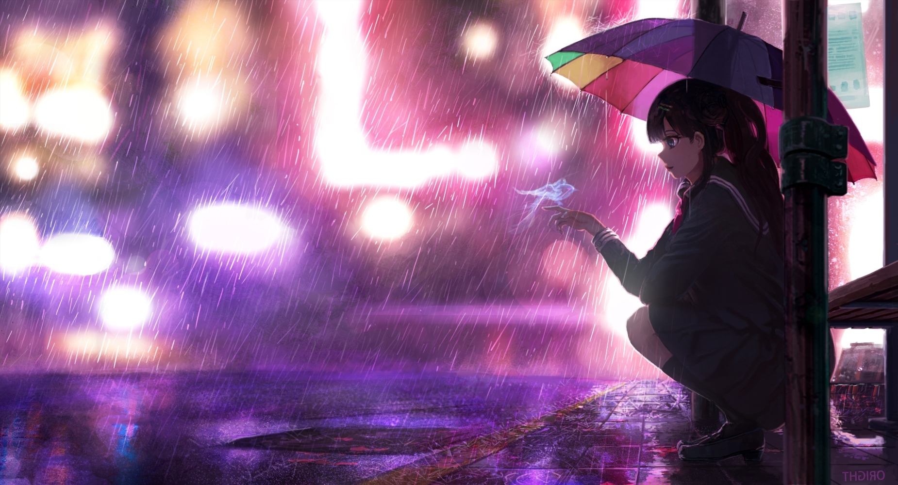 Wallpaper Anime School Girl, Photographic, Blurry, Umbrella, Neon ...