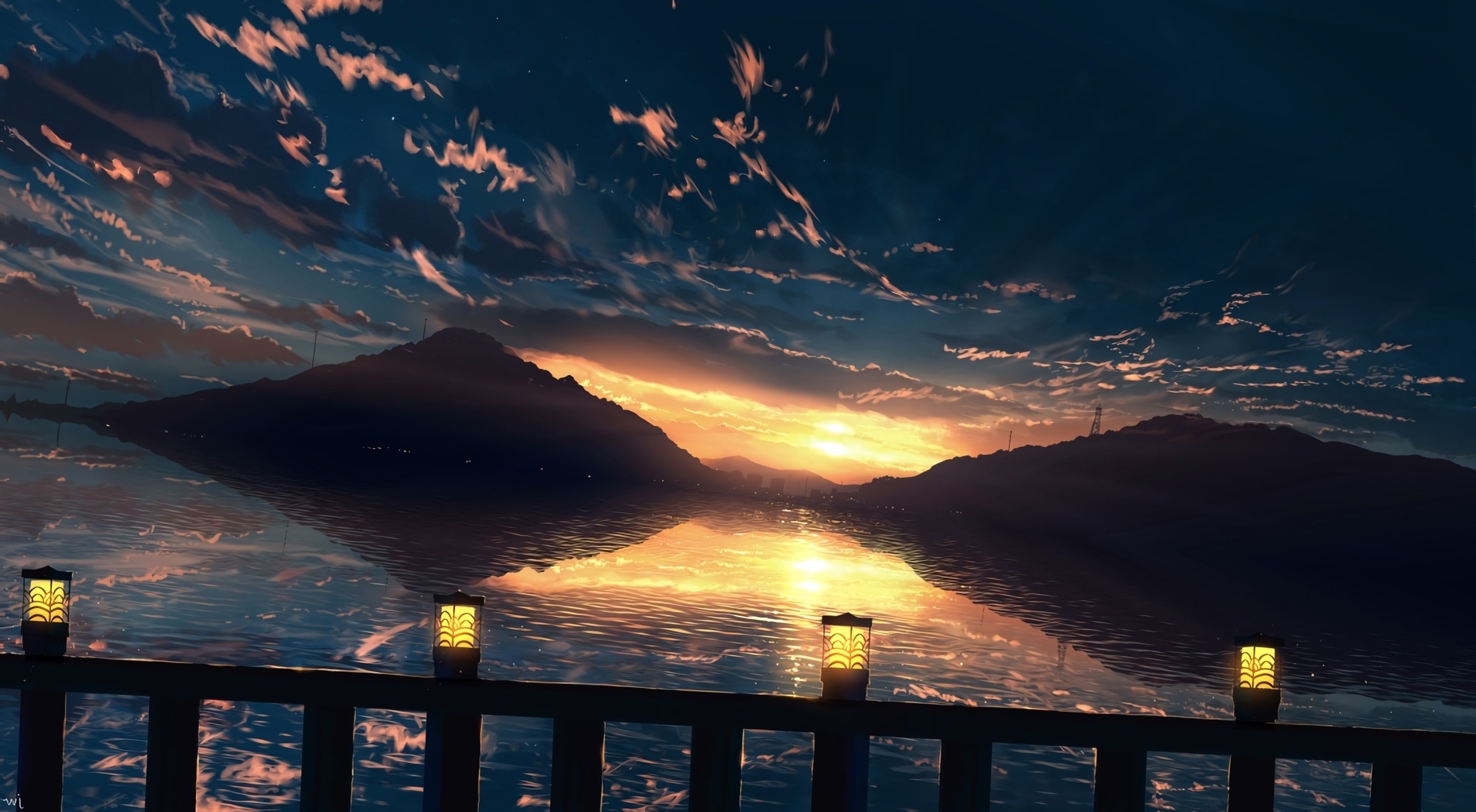 Wallpaper Scenery, Anime Landscape, Sky, Anime Sunset, Lantern, Fence ...