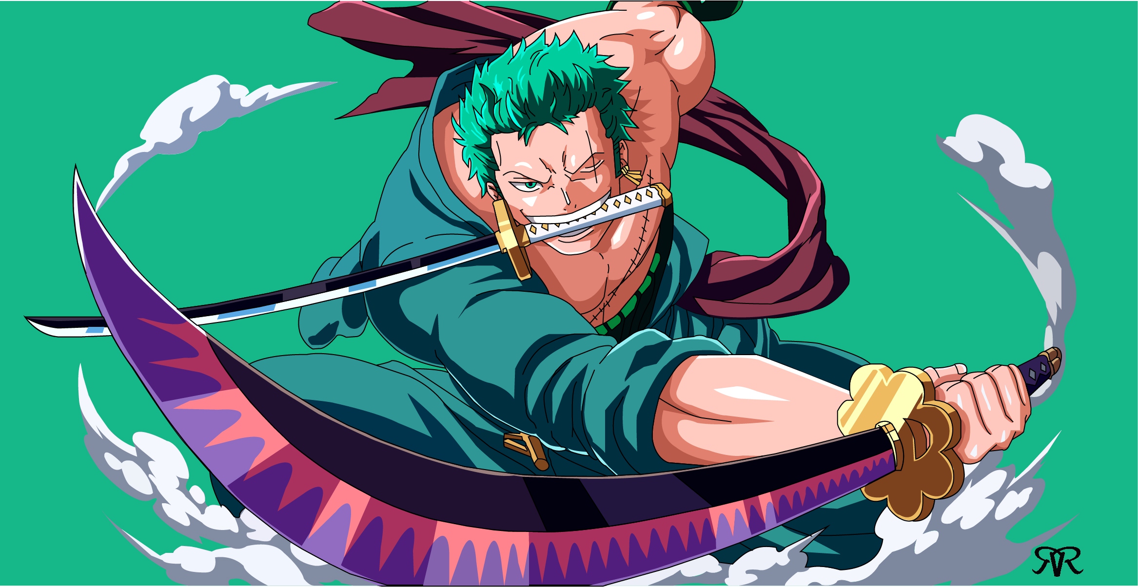 One Piece Roronoa Zoro with Sword Green Desktop Wallpaper 4K