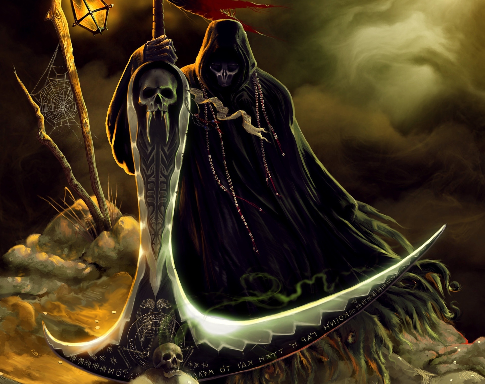 Download Grim Reaper, Underground, Scythe, Skulls, Dark Wallpaper.