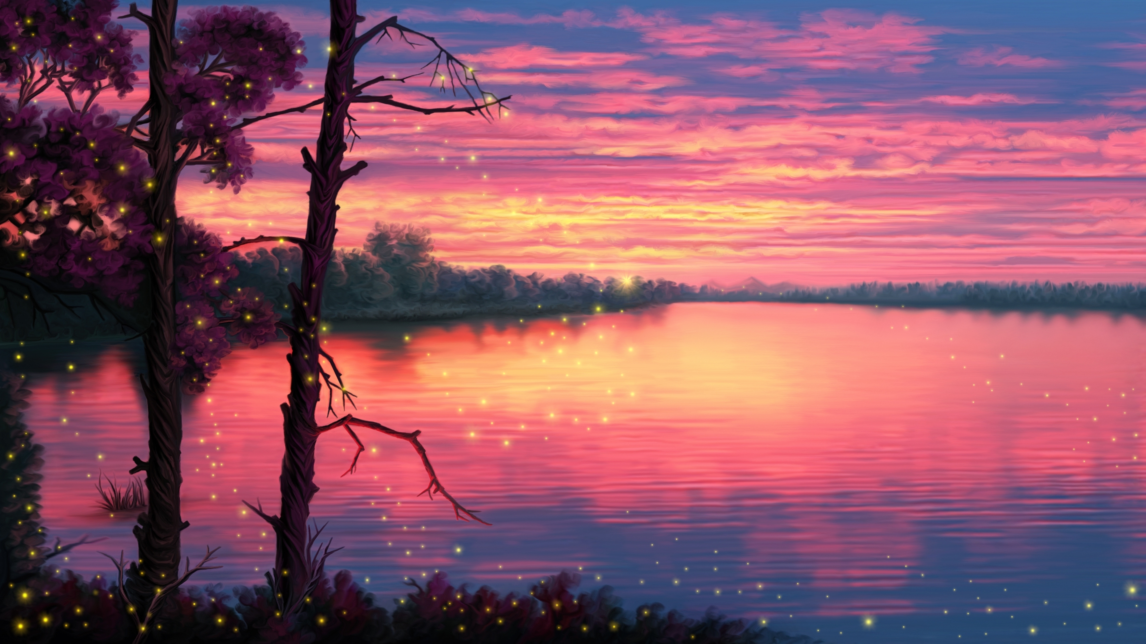 Волшебное озеро слушать. Лядов волшебное озеро. Сказочный закат. Озеро на закате арт. Картина розовый закат.