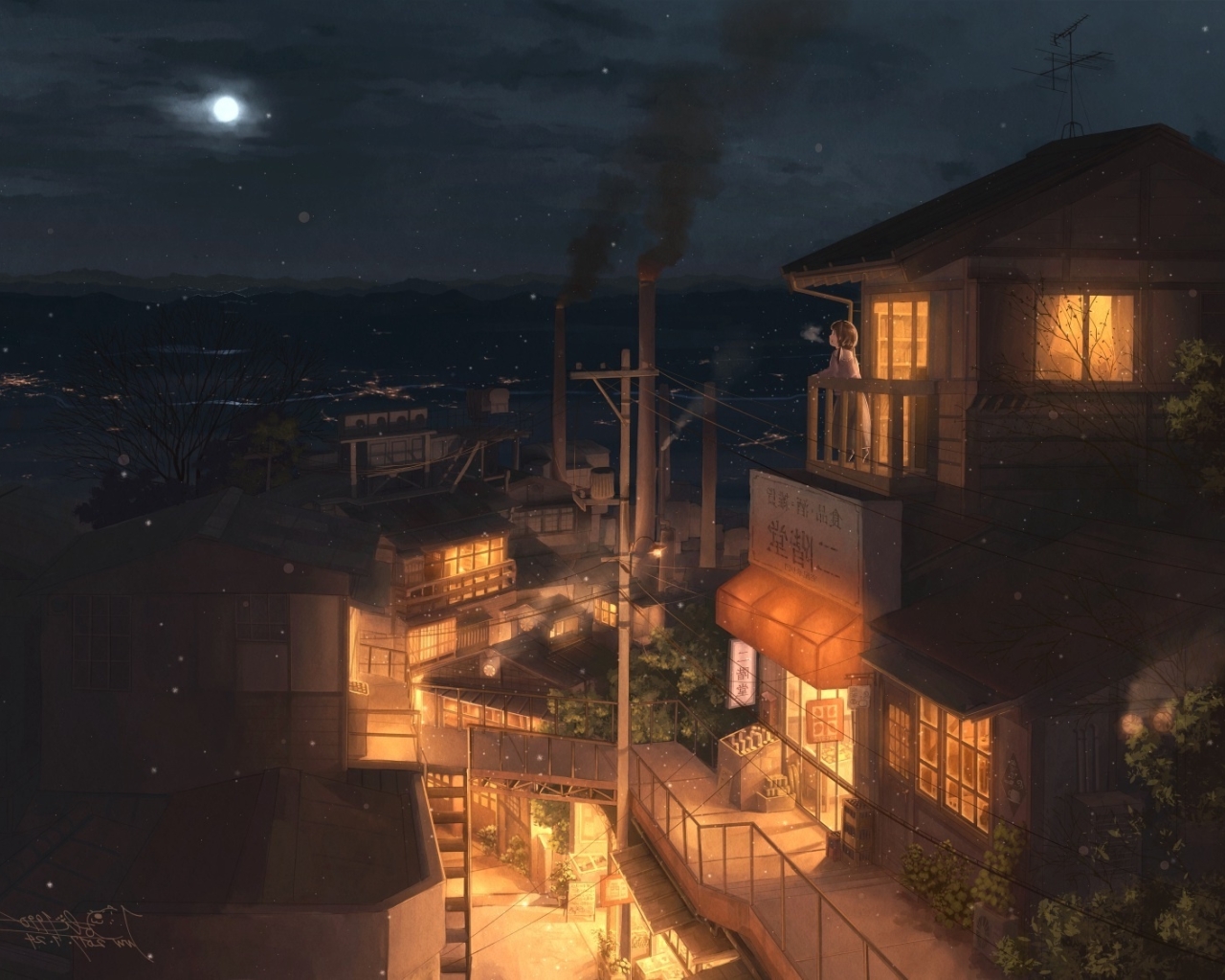 Wallpaper Night, Street, Sky, Lights, Anime Cityscape, Buildings, Moon
