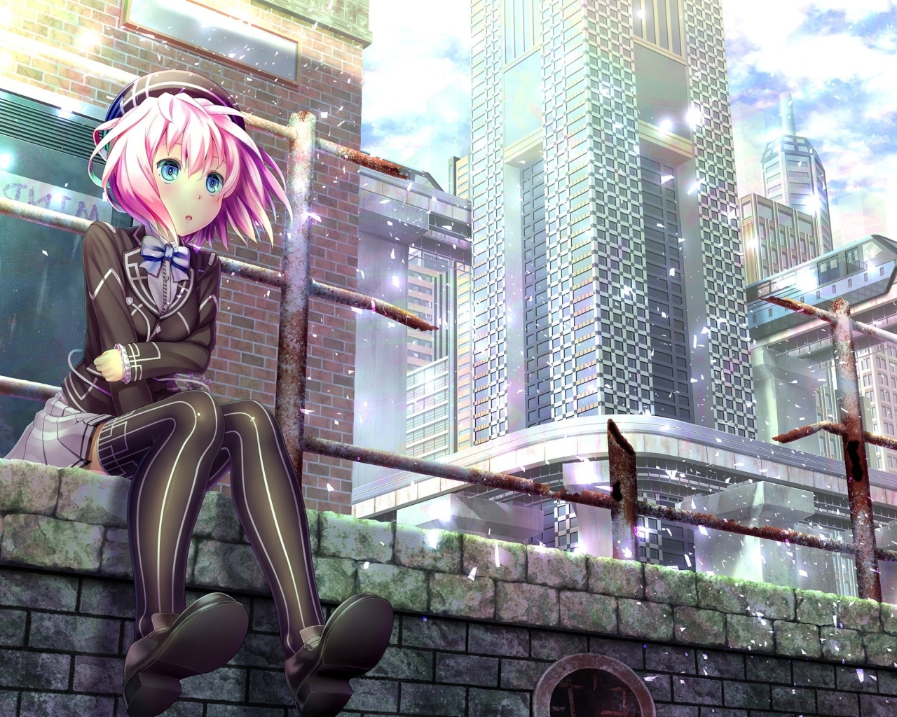 Wallpaper Pink Hair, School Uniform, Buildings, Sitting, Anime Girl ...