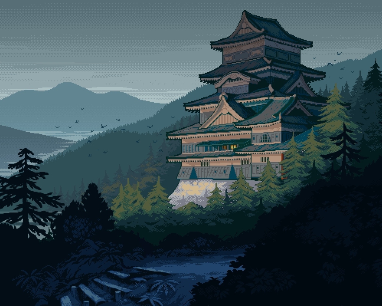 Wallpaper Pixel Art, Japanese House, Mountain, Historical Building ...