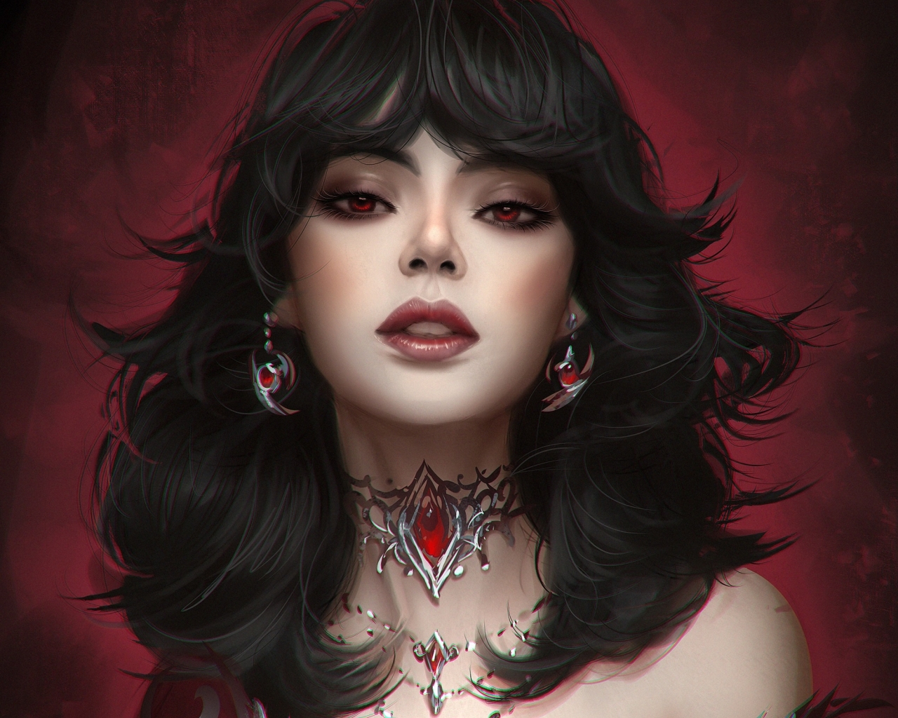 Wallpaper Fantasy Woman, Black Hair, Beautiful, Red Eyes - Resolution ...