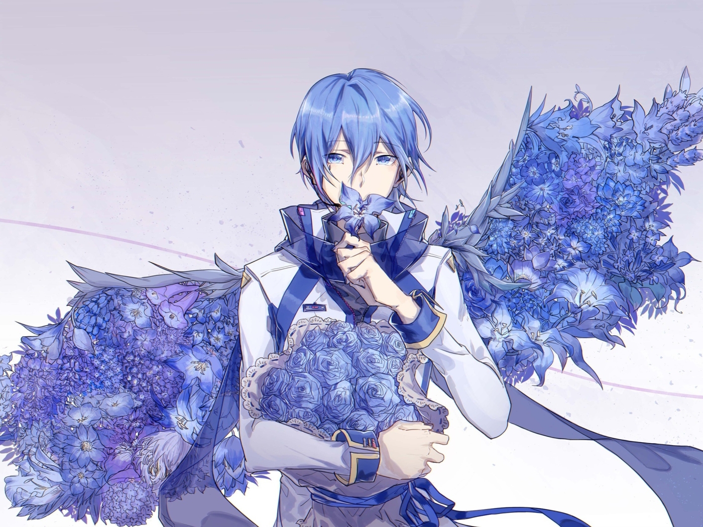 Wallpaper Blue Flowers Blue Hair Wings Kaito Vocaloid Resolution 2377x1553 Wallpx