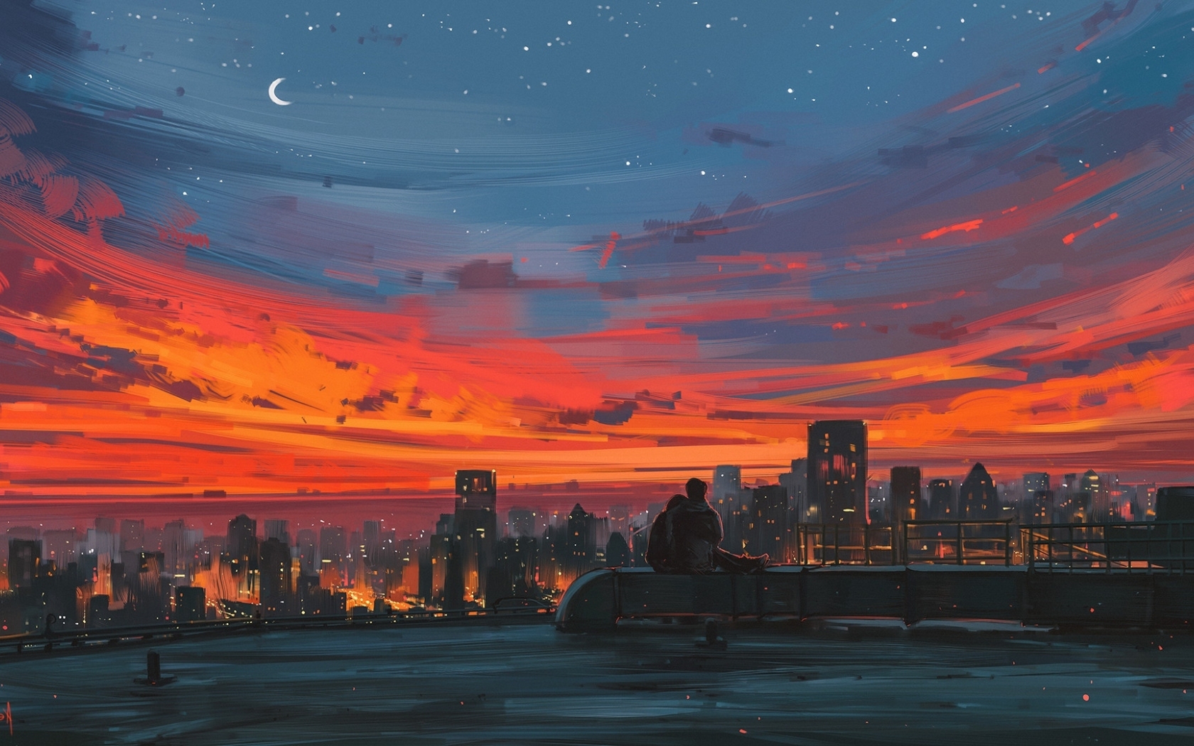 Wallpaper Relaxing, Cityscape, Sunset, Crescent, Mood, Anime Couple ...