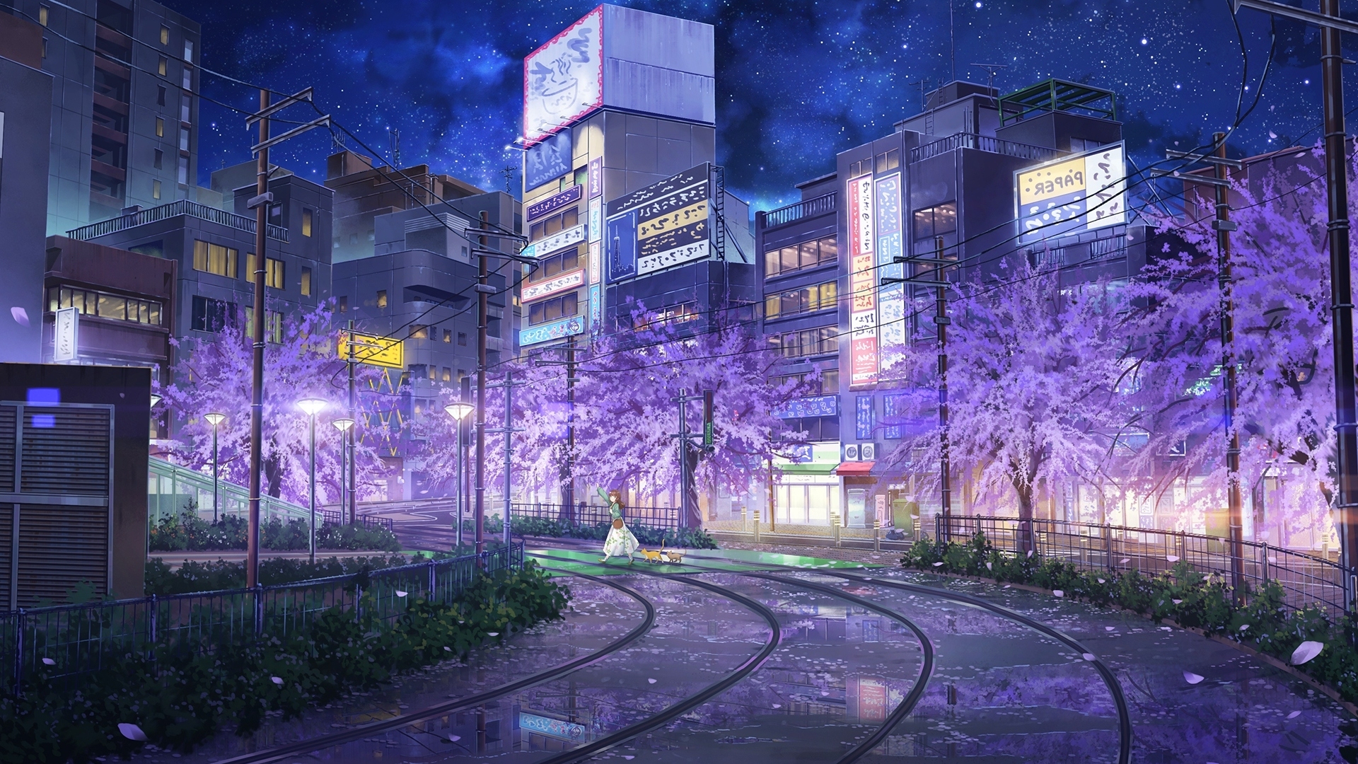 Wallpaper Buildings, Sakura Blossom, Night, Anime City, Railway, People ...